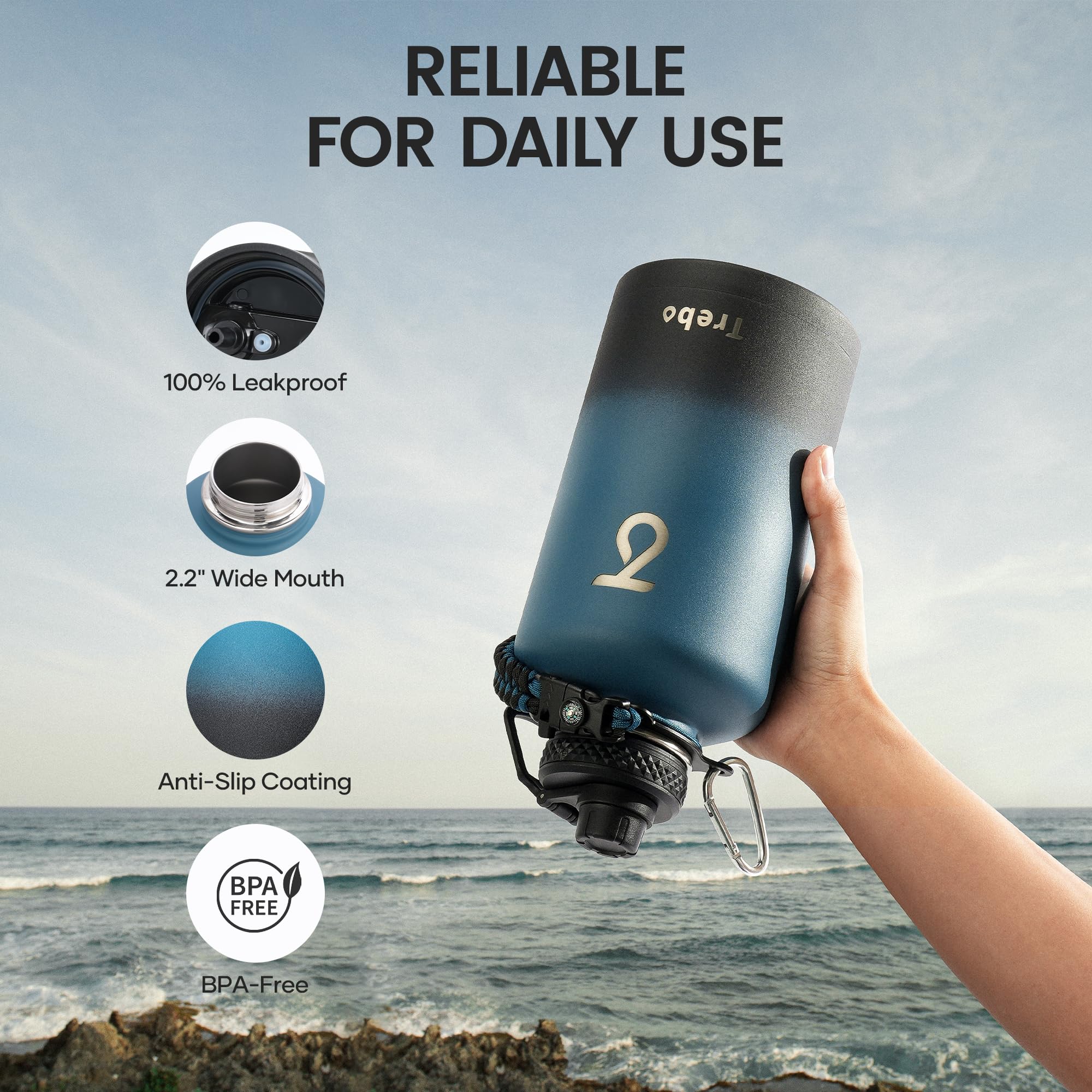 Trebo Water Bottle 64Oz With Paracord Handle, Half Gallon Large Vacuum Double Wall Stainless Steel