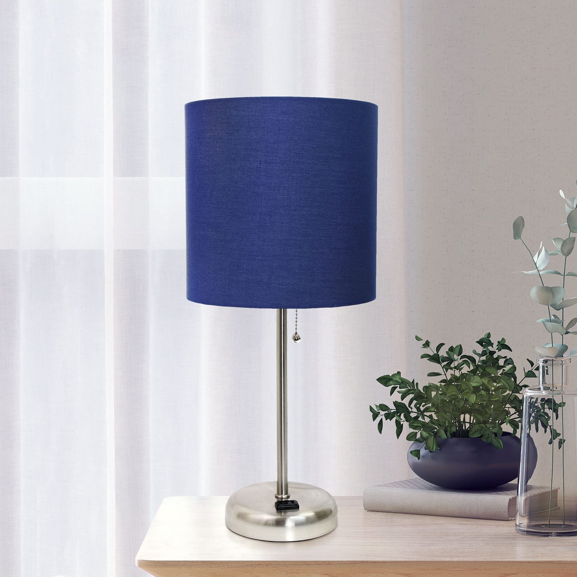 Creekwood Home Oslo 19.5" Contemporary Bedside Power Outlet Base Standard Metal Table Desk Lamp In Brushed Steel With Navy Blue Drum Fabric Shade