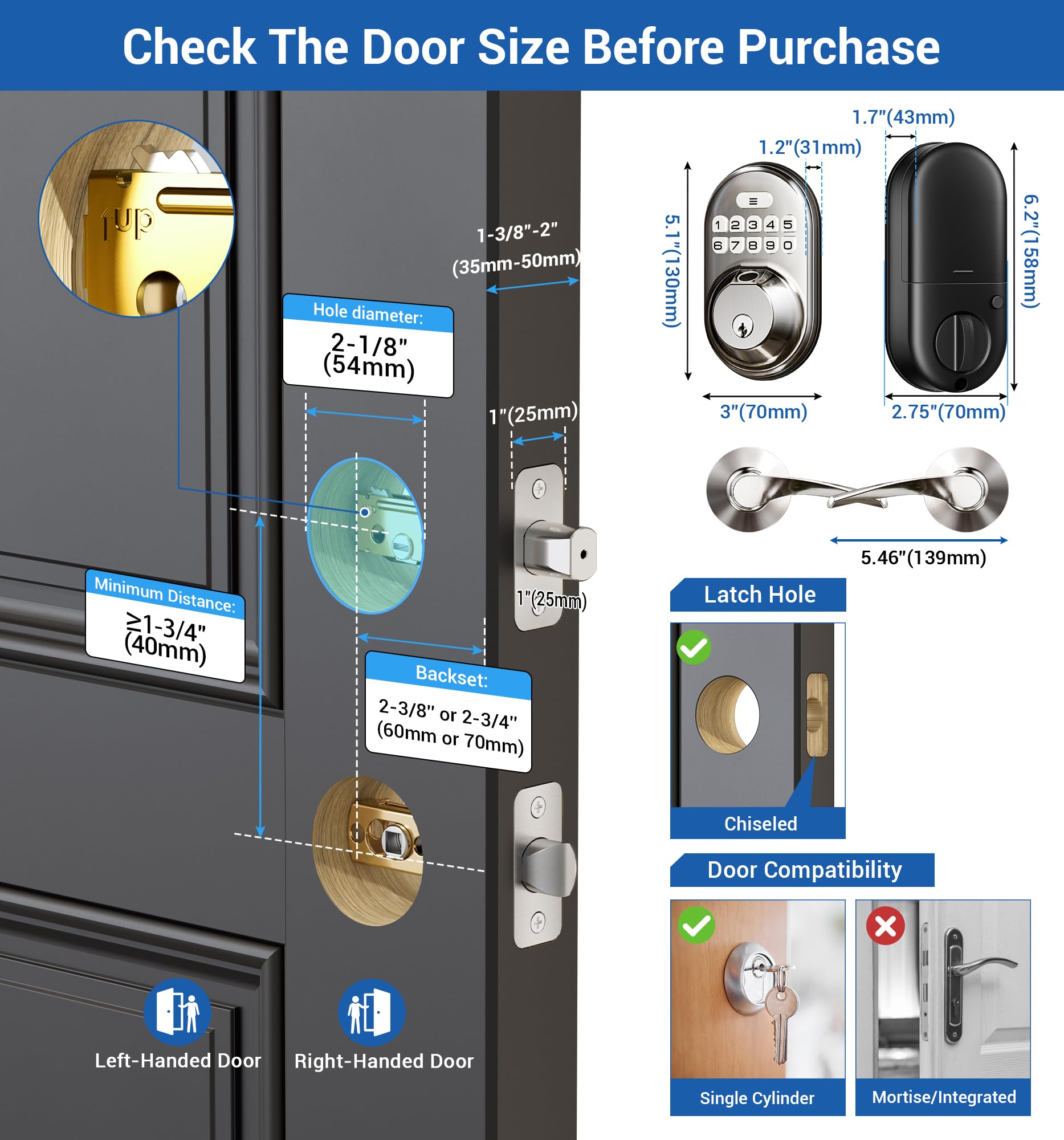 Veise Fingerprint Door Lock With 2 Lever Handles, Keyless Entry Keypad Electronic Deadbolt, Front Door Lock Set, Easy Installation, Satin Nickel