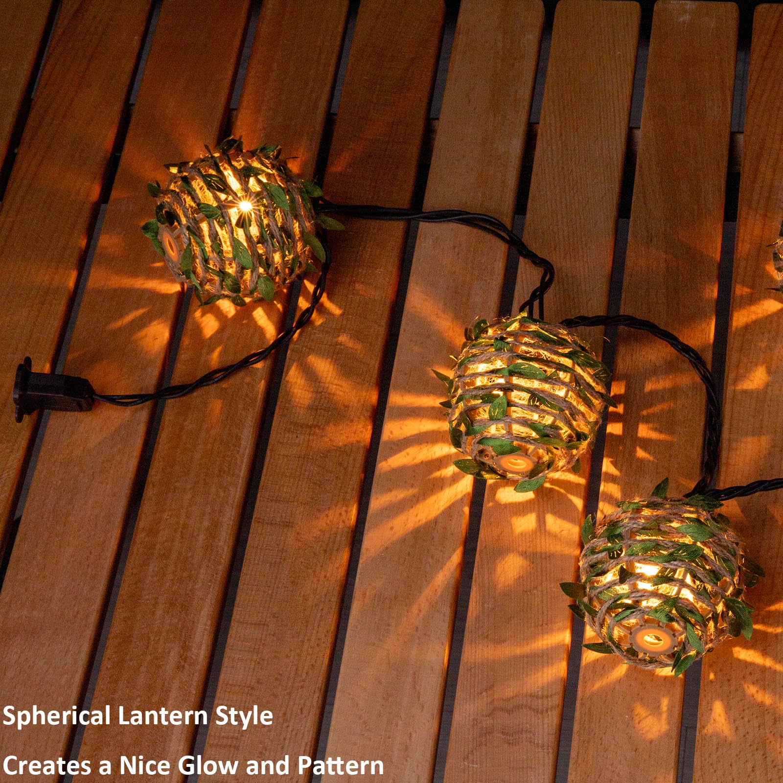 Twinkvilla Decorative Lantern String Lights, Outdoor Plug In Hanging Lights With 10 Natural Hemp Rope Leaf Balls, Connectable Weatherproof Patio Globe Boho String Lights For Home Pergola Porch Party Backyard
