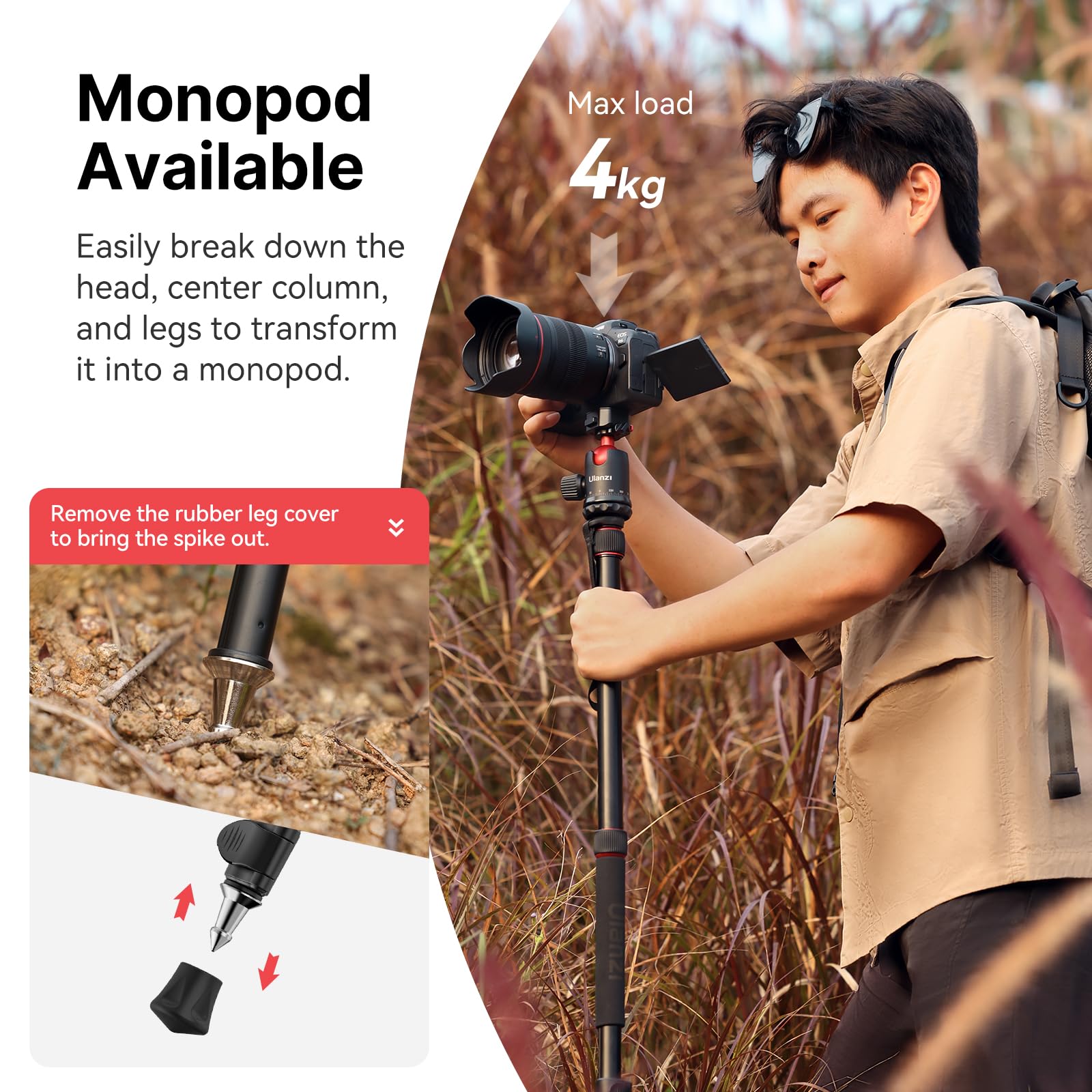 Ulanzi Tt31 Claw Quick-Release Camera Tripod, 72.4" Foldable Aluminum Tripod & Monopod, 360°Ball Head Detachable & Qr Plate W 180°Revertible Legs, Payload 33Lb, Adjustable Height From 23.62" To 72.44"