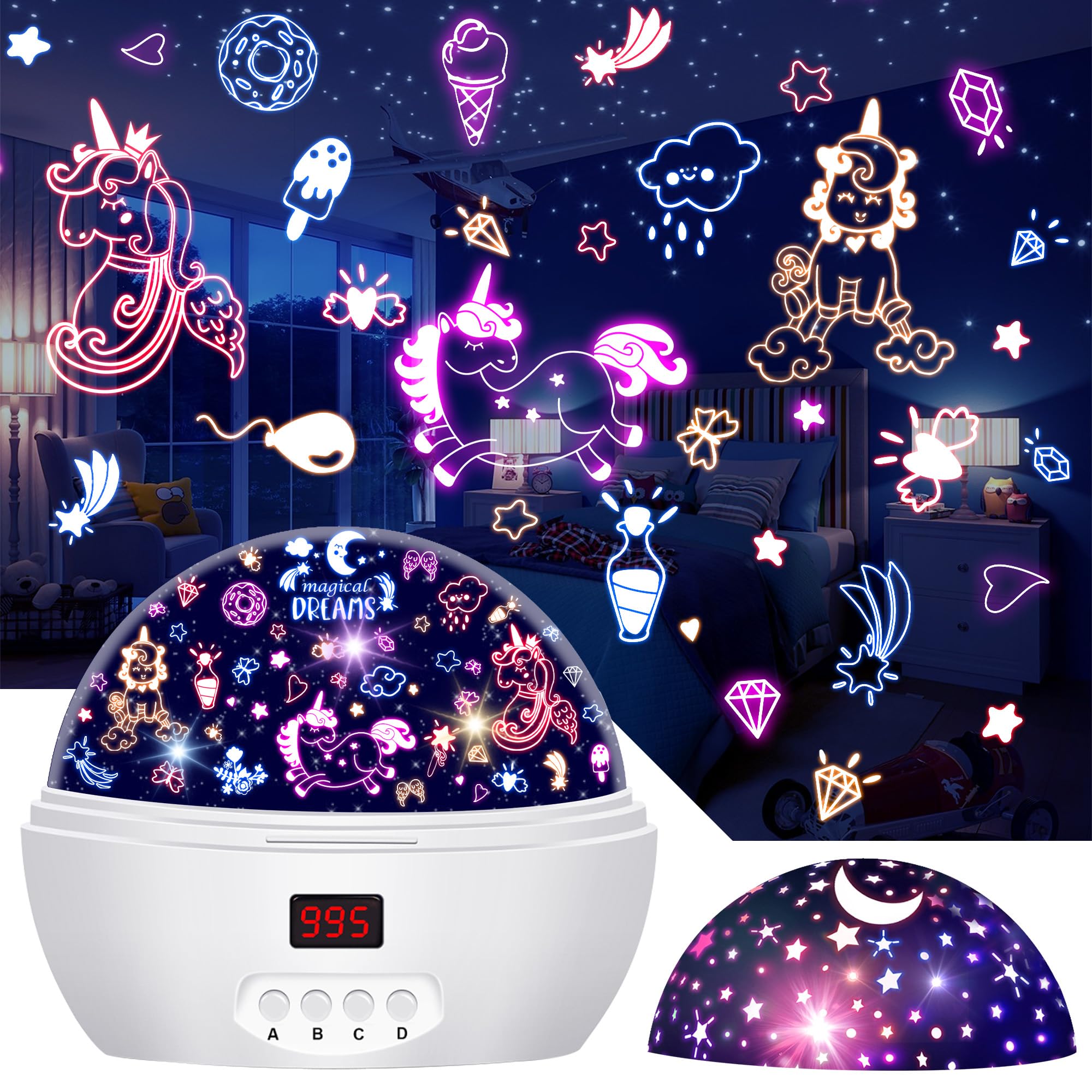 Mokoqi Kid Unicorn Night Light For Girls, Star Projector Night Lights Rotating Light Projector With Timer Color Changing Birthday Christmas  For 3-5-10 Year Old Girl