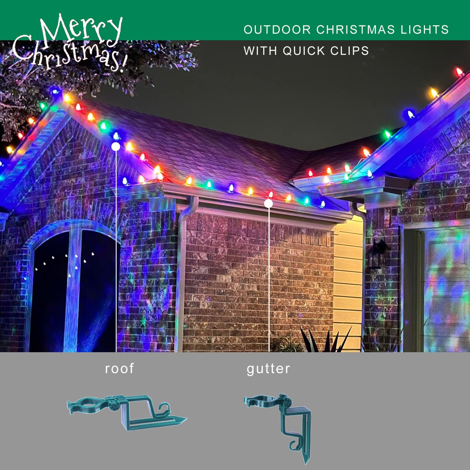 Niosta C9 Outdoor Christmas Lights,132Ft 200 Lights,C9 String Lights With Quick Clips,For Xmas House Roof Gutter,Plug In & Connectable, Multicolor
