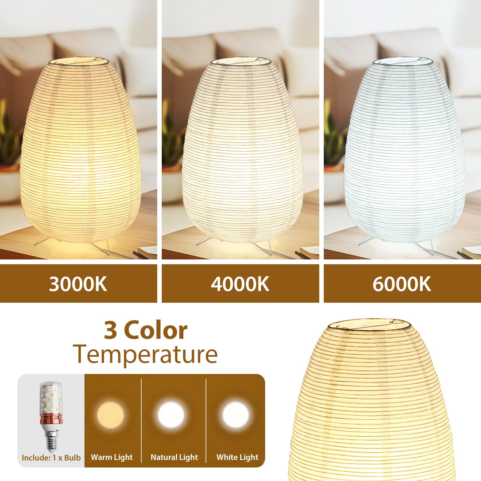 Anicompa Rice Paper Lamp For Desk, Japanese Paper Table Lamp With 3 Color, Wabi-Sabi Style Bedside Lantern Lamps For Living Room/Bedroom/Bedside Night Light(Bulb Included)