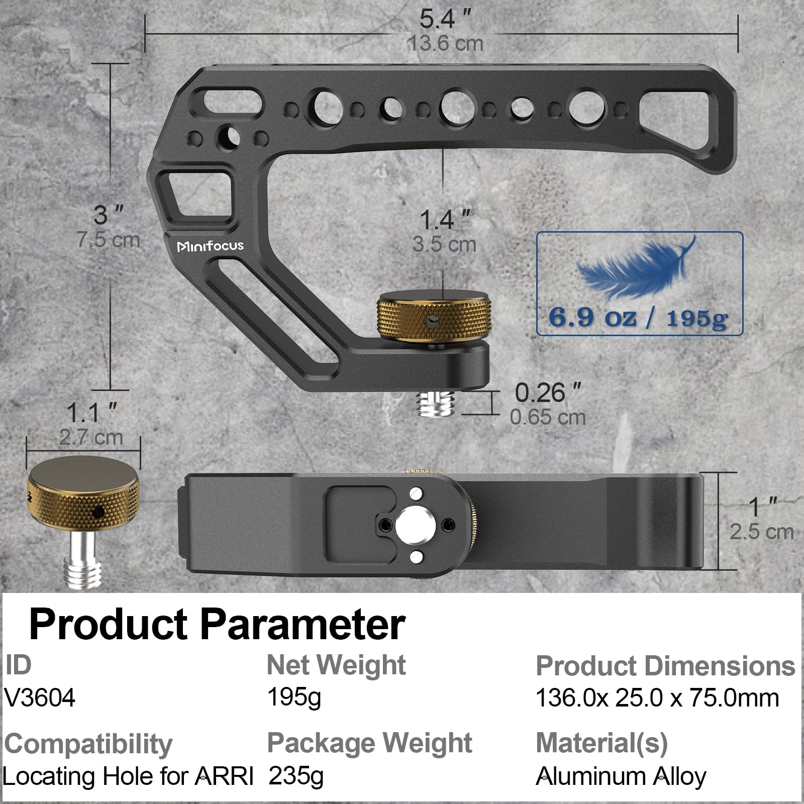 Minifocus Camera Top Handle With 3/8"-16 Locating Pins For Arri Grip For Camera Cage, Universal Top Handgrip With 5 Cold Shoe Adapters, Ergonomic Design, 1/4" And 3/8" Threads With Microphone/Led Light/Monitor
