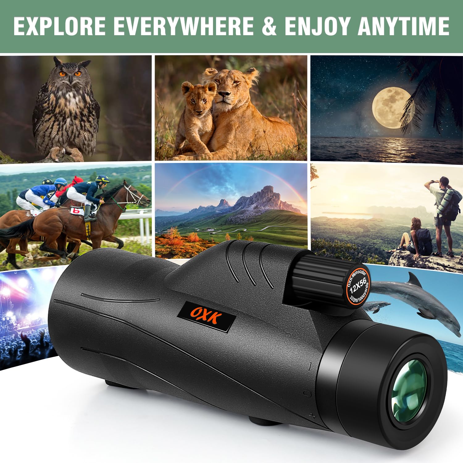 Oxk Optics 12X56 High Power Monocular Telescope With Smartphone Adapter Tripod Travel Bag, Larger Vision Monoculars For Adults With Bak4 Prism & Fmc Lens, Suitable For Bird Watching Hunting Hiking Camping