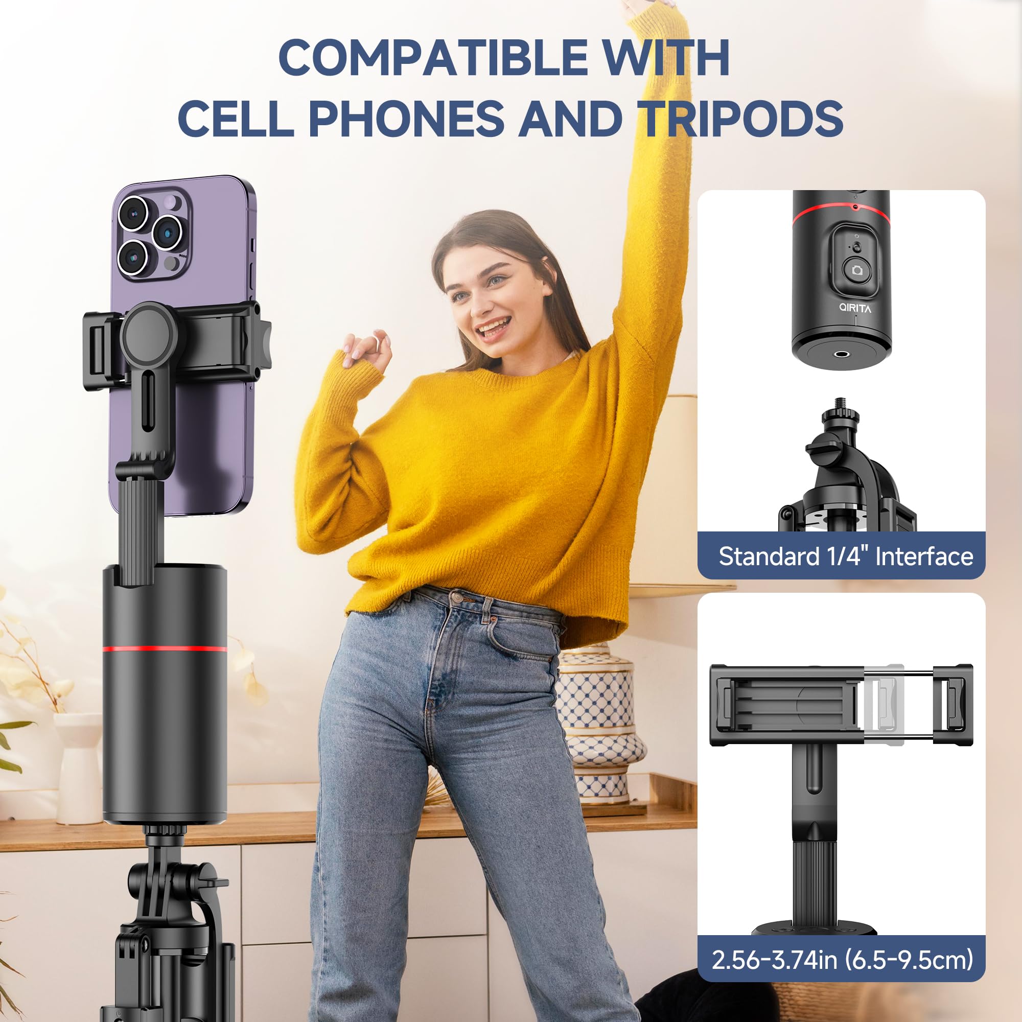 Qirita Auto Face Tracking Tripod, No App, Smart Shooting Phone Holder With Remote, 360° Rotation Body Phone Camera Mount Extendable Body Smart Tracking Tripod For Vlog/Tik Tok, Rechargeable Battery (Black)