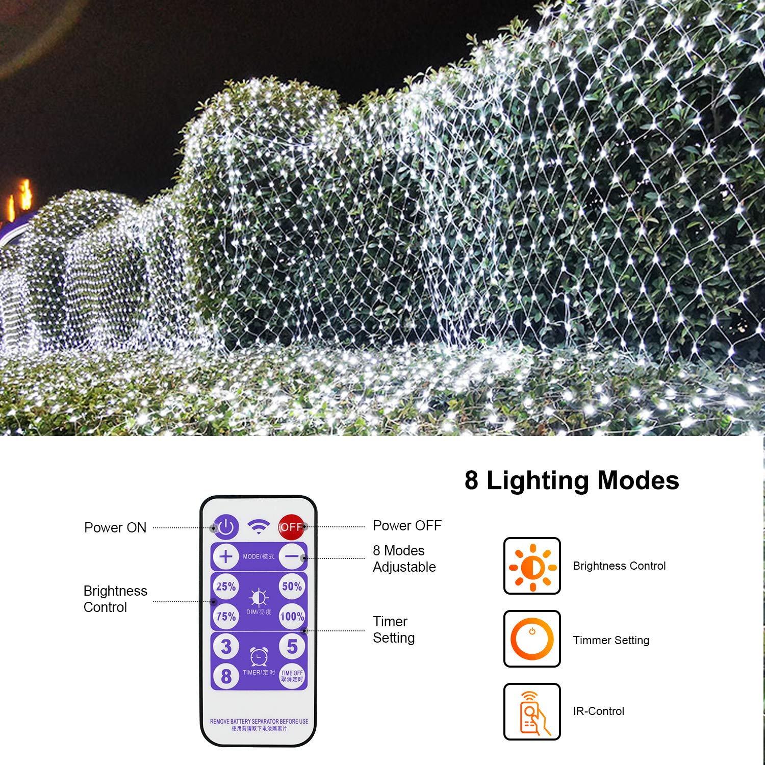 Psboxs Solar Powered Net String Lights Outdoor Christmas Net Light 15 X 5Ft Mesh Tree Fairy Light Garden Twinkle Lights With Remote For Lawn Fence Indoor Decor(White)