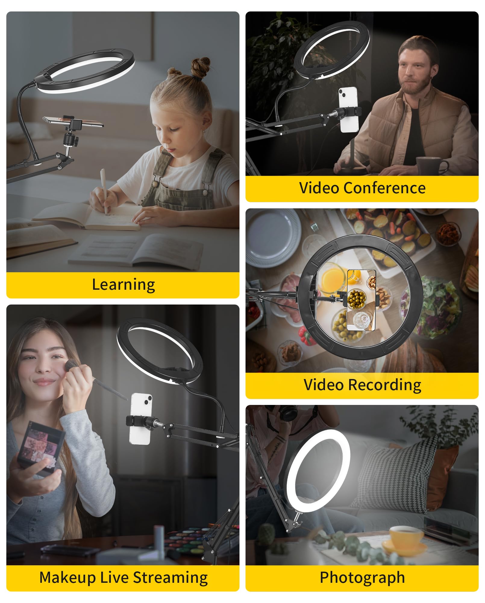 Lilanzo Overhead Camera Phone Mount, 10" Desk Ring Light For Computer, Overhead Tripod Phone Mount For Iphone Live Streaming/Laptop Conference/Chat/Makeup/Youtube/Tiktok/Vlog