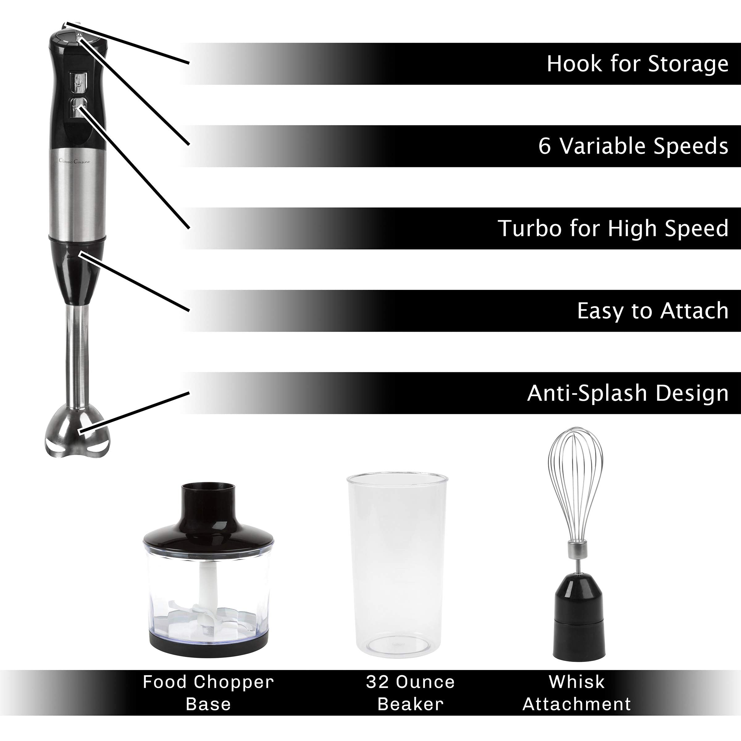 Classic Cuisine Immersion Blender-4-In-1 6 Speed Hand Mixer Set Whisk, Food Processor Cup, 32Oz. Beaker, For Soup, Milkshakes, Salsa, Black