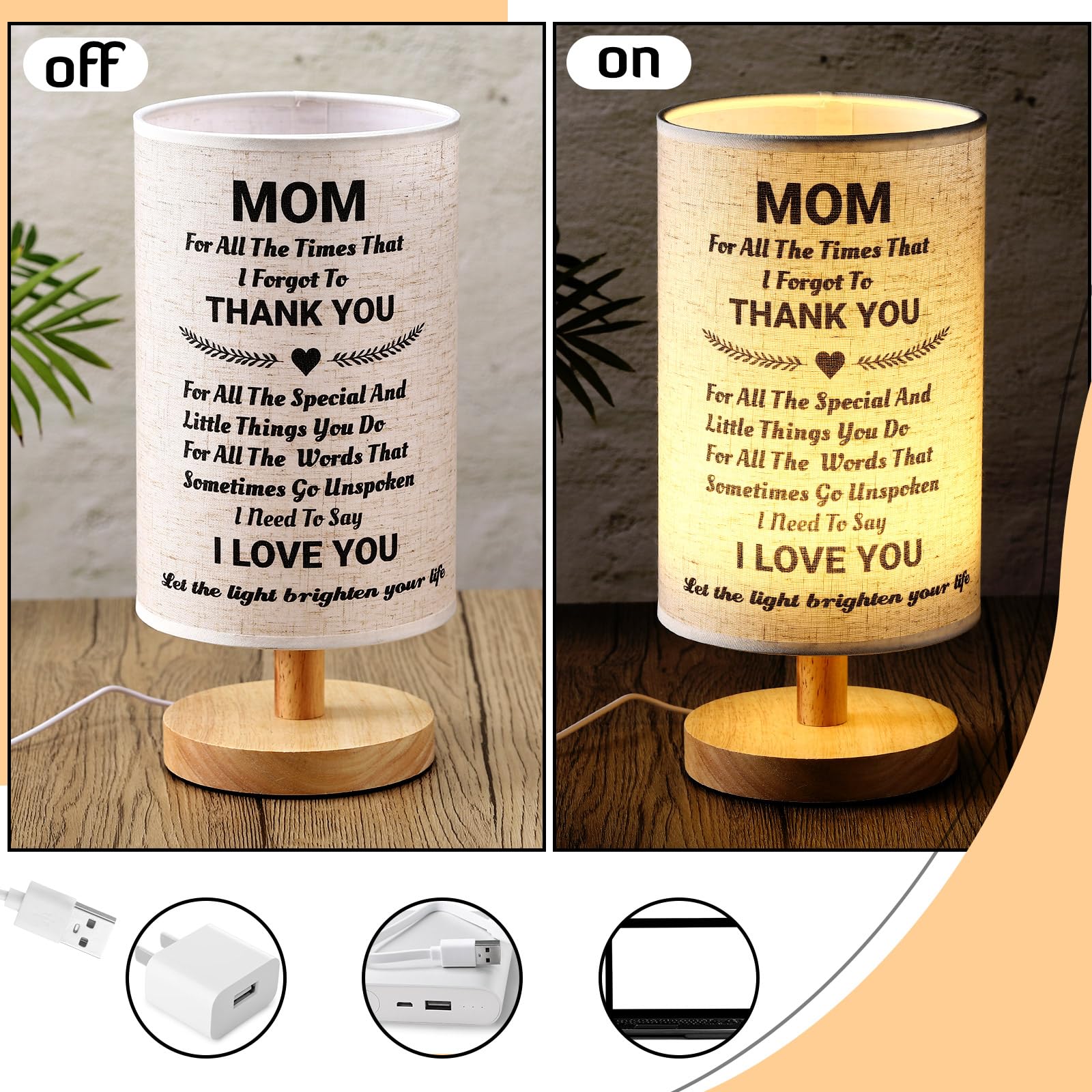 Rossesay 3Pcs For Mom From Daughter Son Mom Birthday Set Moonstone Bracelet Candles Fabric Lamp Bedside Desk Lamps With Wooden Stand For Mother'S Day