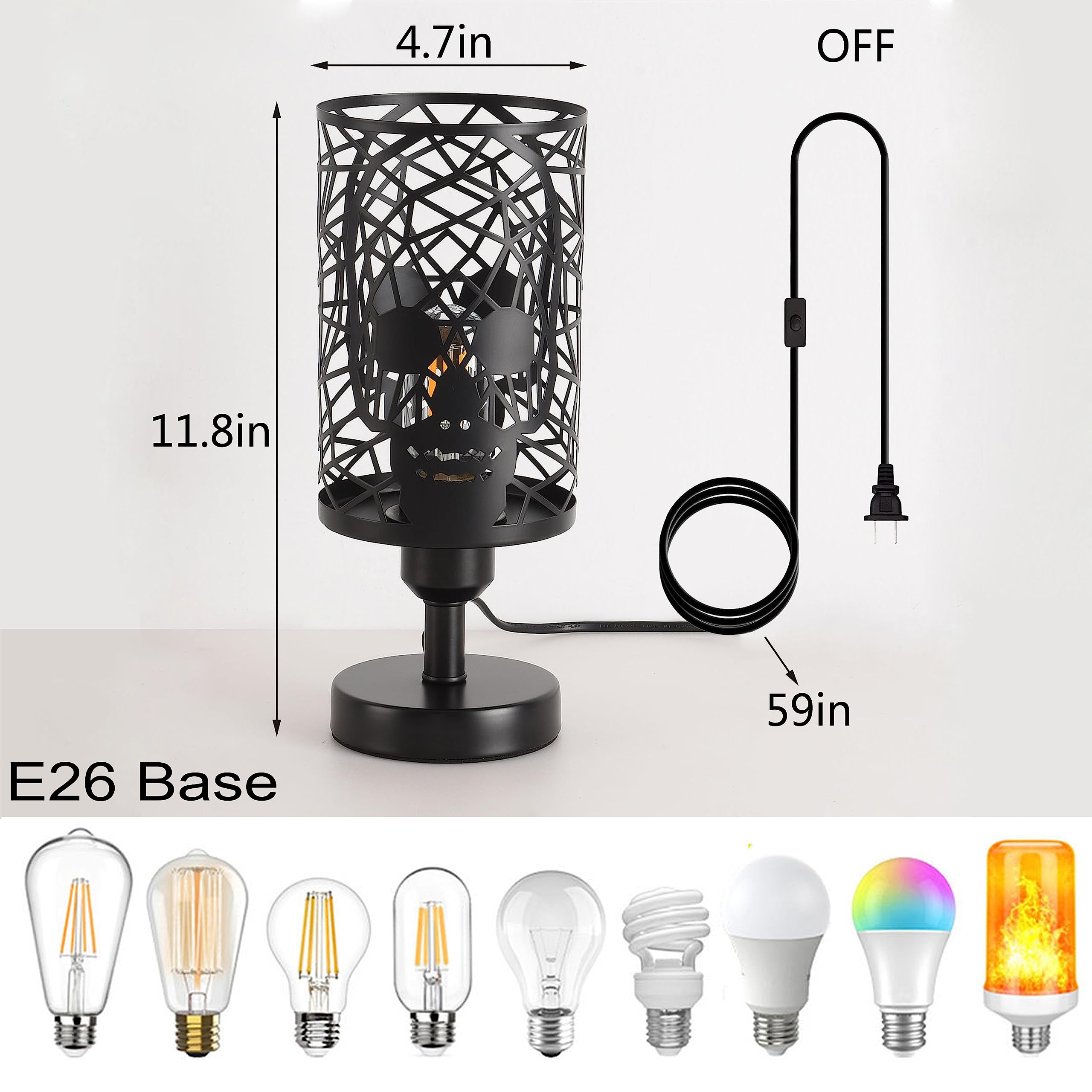 Modxian Skull Table Lamp With Plug-In Switch, Black Industrial Nightstand Lamp With Round Skull Metal Cage Lampshades, E26 Goth Desk Lamp For Bedroom, Festive (Plug-In Switch Lamp)