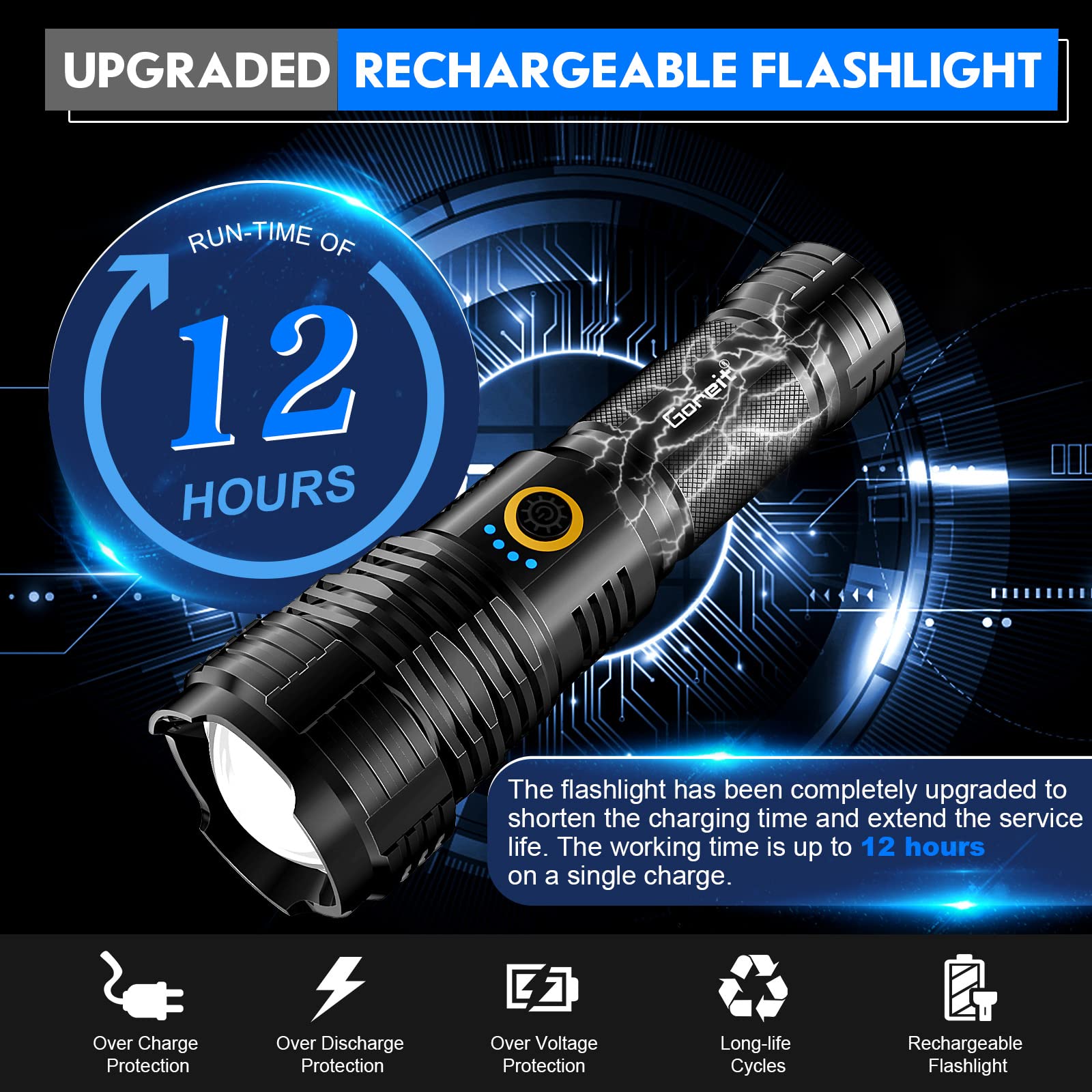 Goreit Flashlights Led High Lumens Rechargeable, 990000 Lumens Xhp70.2 Super Bright Flashlight, Flash Light Battery Powered, Powerful Handheld Flashlight With Holster For Emergency Camping Hiking
