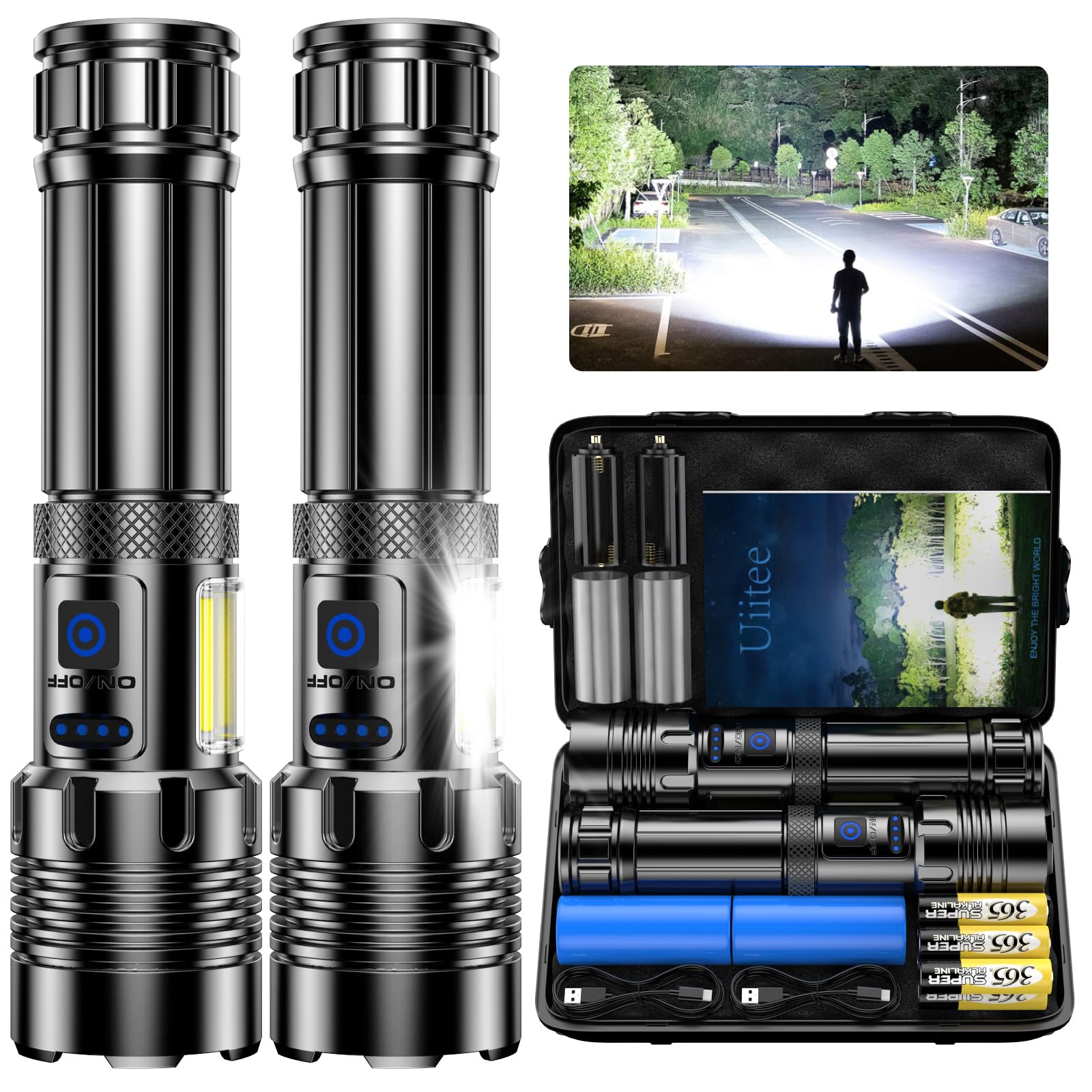 Uiitee Flashlights High Lumens Rechargeable, 2 Pack Led Flashlight 990000 Lumen, Super Bright Flash Light Battery Powered With 7 Light Modes, Handheld Flashlight Powerful Linterna For Emergency 