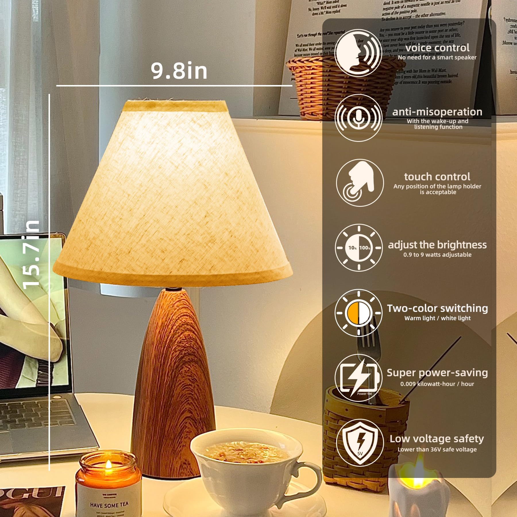 Ouuzeee Voice Control & Metal Touch Table Lamp For Bedroom With 2Pcs Led 9W Bulb, Fully Dimmable Brown Bedside Lamps For Nightstand With Fabric Shade, Small Desk Lamp For Bedroom, Office, Livingroom (1)