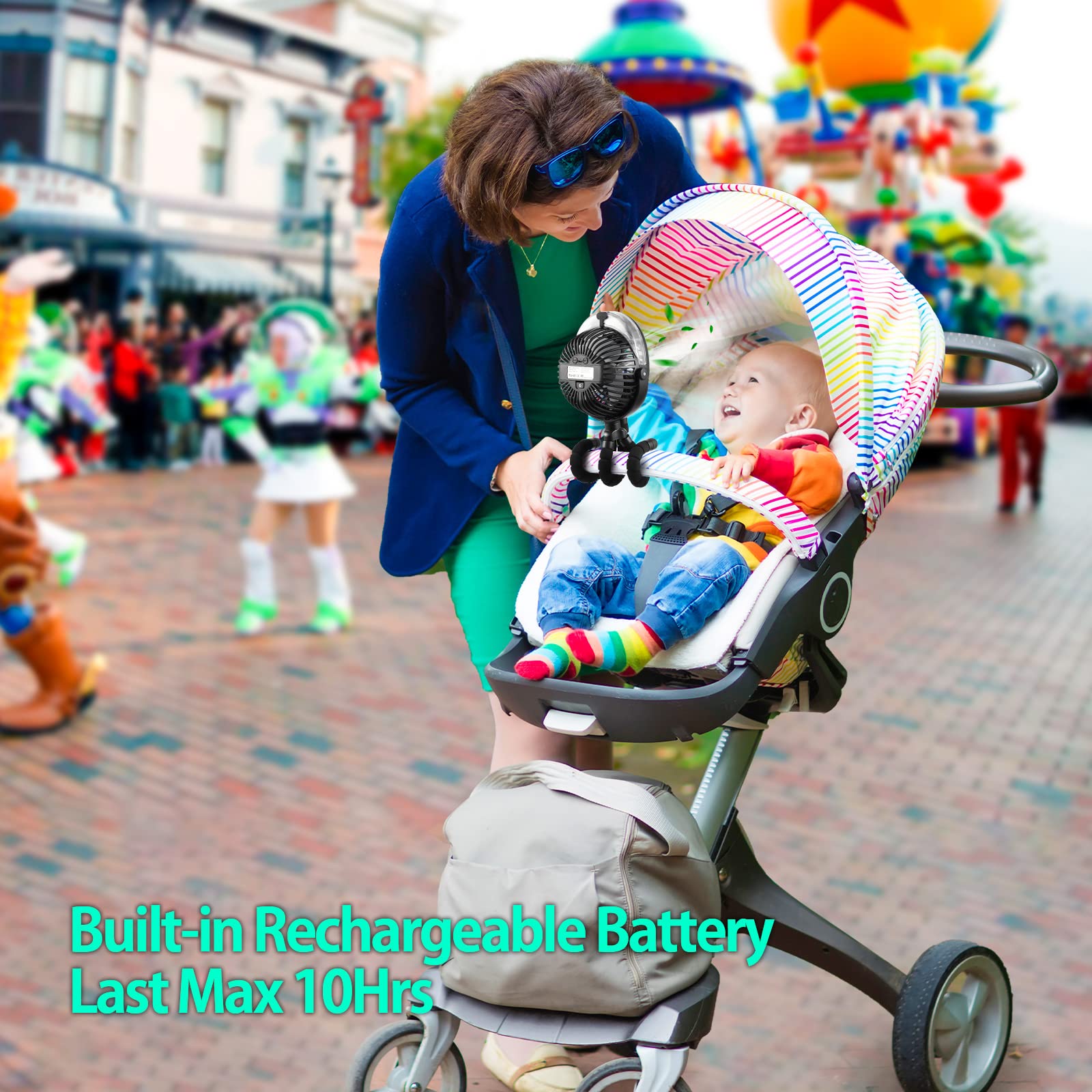Portable Stroller Fan With Mist, Rechargeable Misting Fan With Flexible Tripods, 360° Pivot Personal