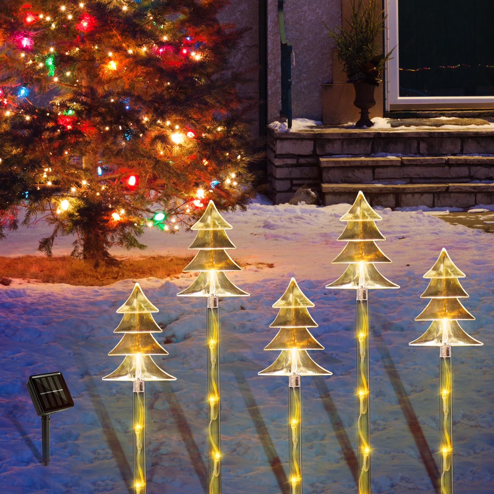 Illumi Christmas Snowflake Pathway Lights, 5 Pack Solar Christmas Stake Markers With Cool White Fairy Lights For Outdoor Holiday Walkway Patio Garden Christmas Decorations (Warm White-Tree)