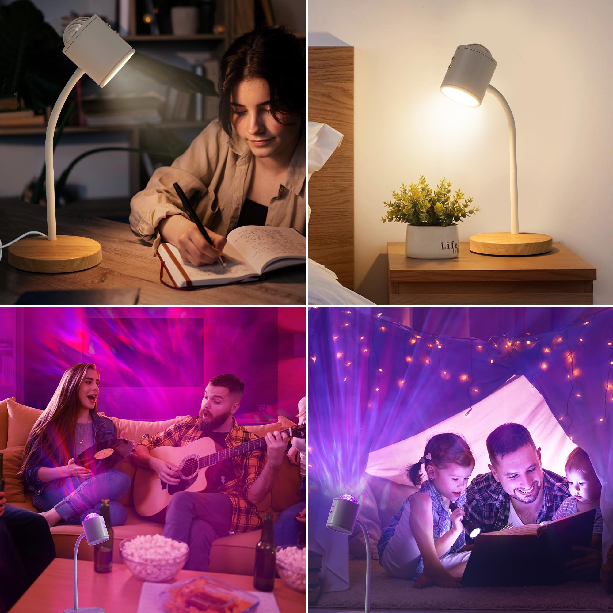 Kiandqu Double Side Lighting Projection Lamp With 3D Ocean Wave Lamp,3 Colors & Dimmable Bright Table Lamp,Adjustable Gooseneck,Mood Lighting For Reading, Living Room, Bedroom …