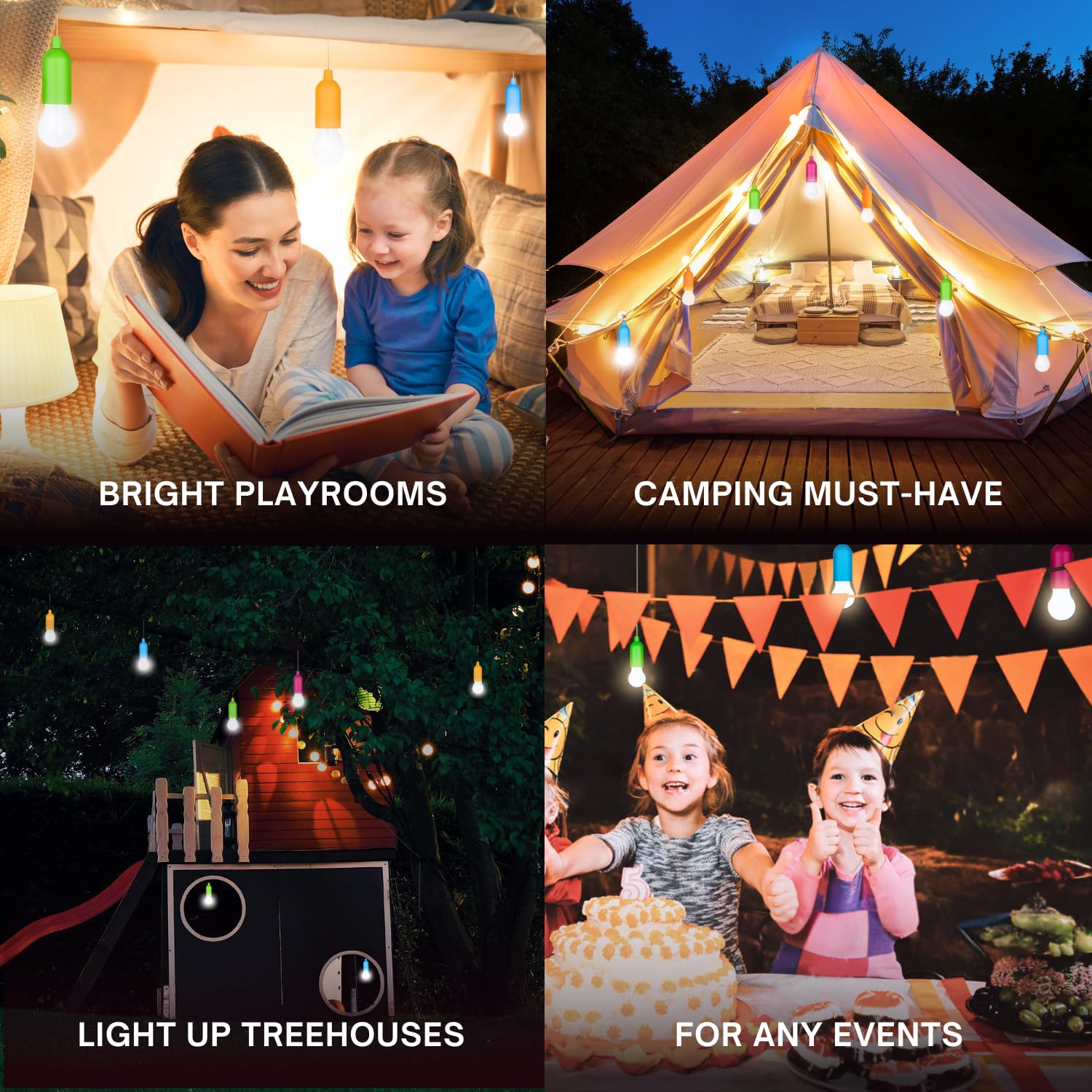 Fomlight 4 Hanging Led Kids Safe Lights For Treehouse, Playhouse, Camping, Indoor/Outdoor, Battery-Operated Lamps With Pull Chain