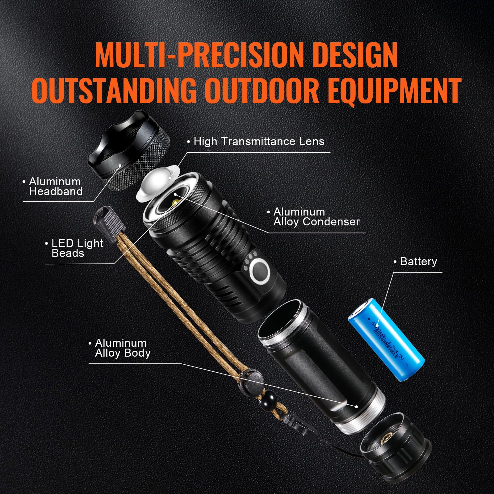 Vevor 10000 Lumen High Lumens Flashlight, 5 Lighting Modes Rechargeable, Ipx4 Led Waterproof Flashlight, Powerful Aluminum Alloy Handheld Flashlight For Camping Hiking Biking Fishing Night Running