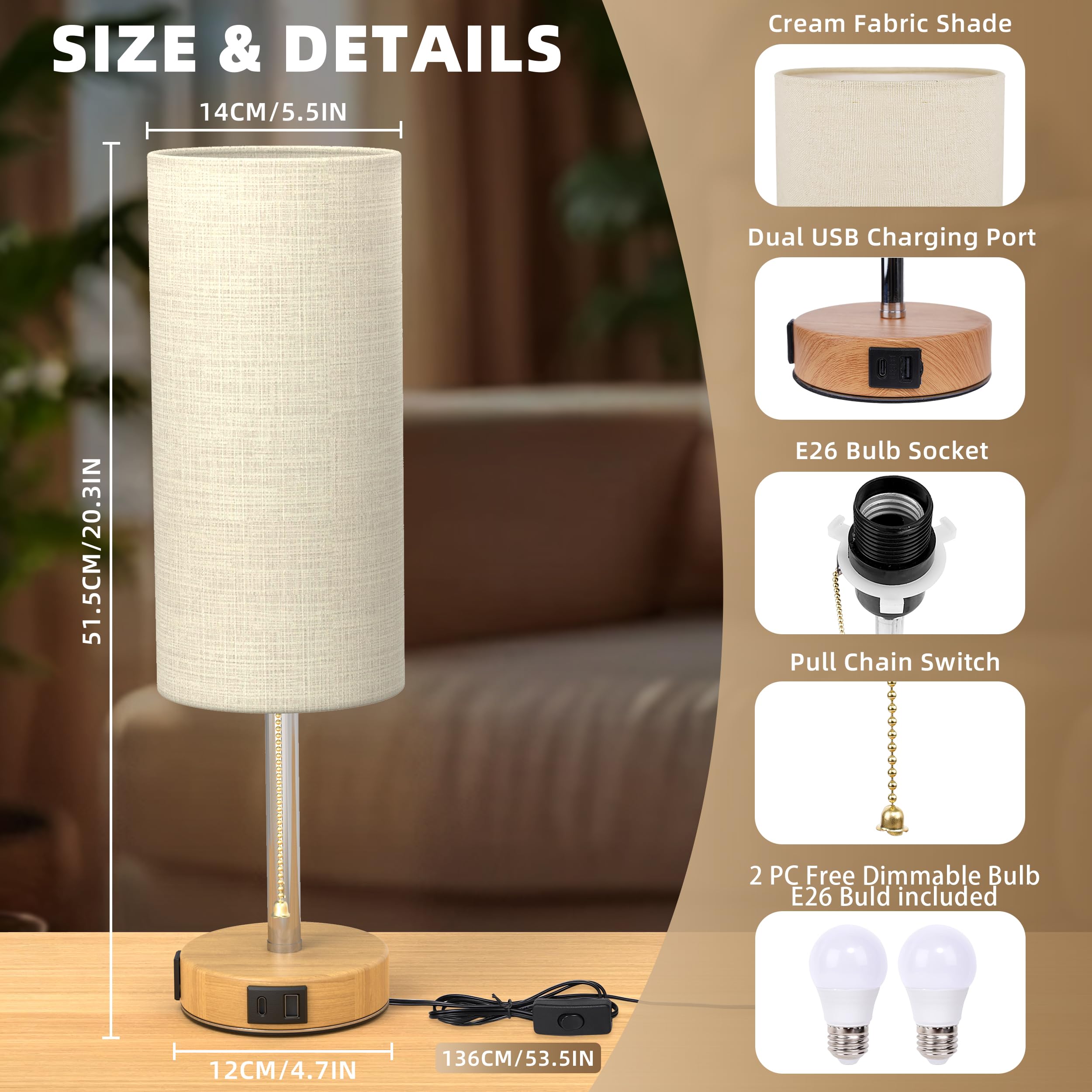 Onyxa 20” Bedside Lamps Set Of 2 With Ac Outlet, Usb A & C Charging Ports, 3 Color Temperatures Table Lamps With Pull Chain Switch, Nightstand Lamp With E26 Bulbs For Bedroom, Office & Living Room