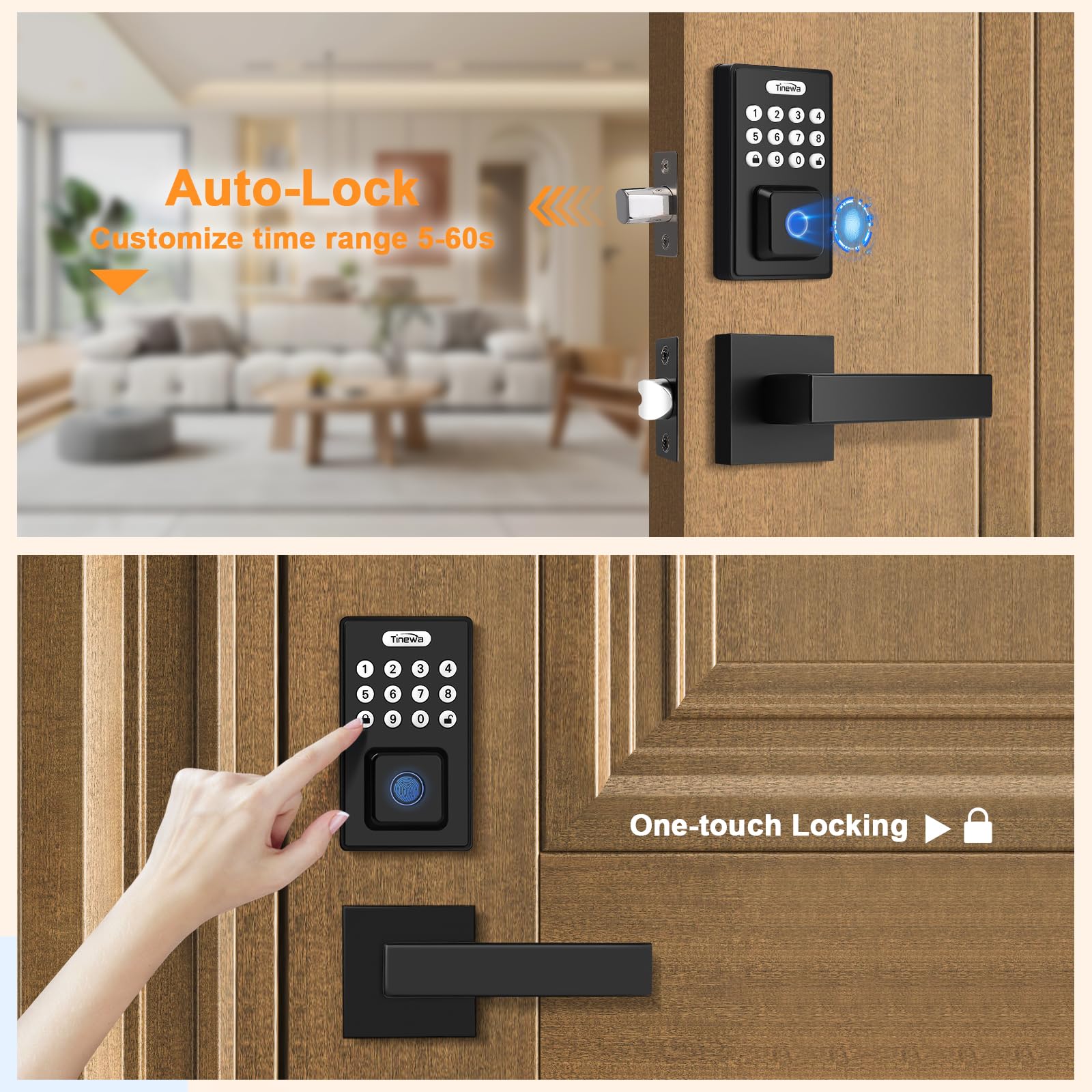 Tia Keyless Entry Door Lock With 2 Lever Handles, Fingerprint Entry Door Handleset, Electronic Digital Keypad Deadbolt With App, Auto Lock & One Touch Locking, Front Smart Door Handle Sets, Black