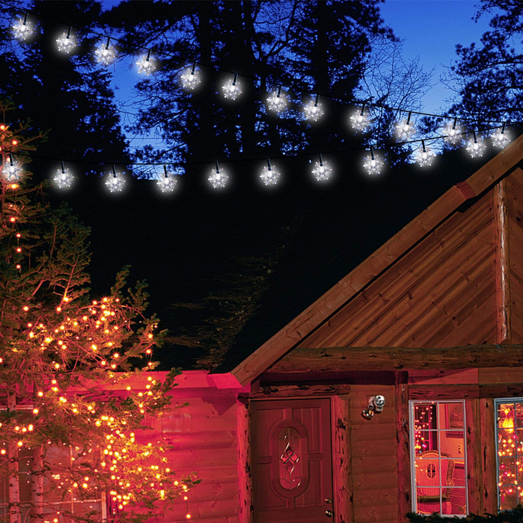 Twinkle Star Solar Snowflake String Lights, 100 Led 33 Ft Outdoor Christmas Fairy Lights, 8 Lighting Modes & Waterproof For Holiday Year Wedding Party, Xmas Tree, Garden Decor, Cool White
