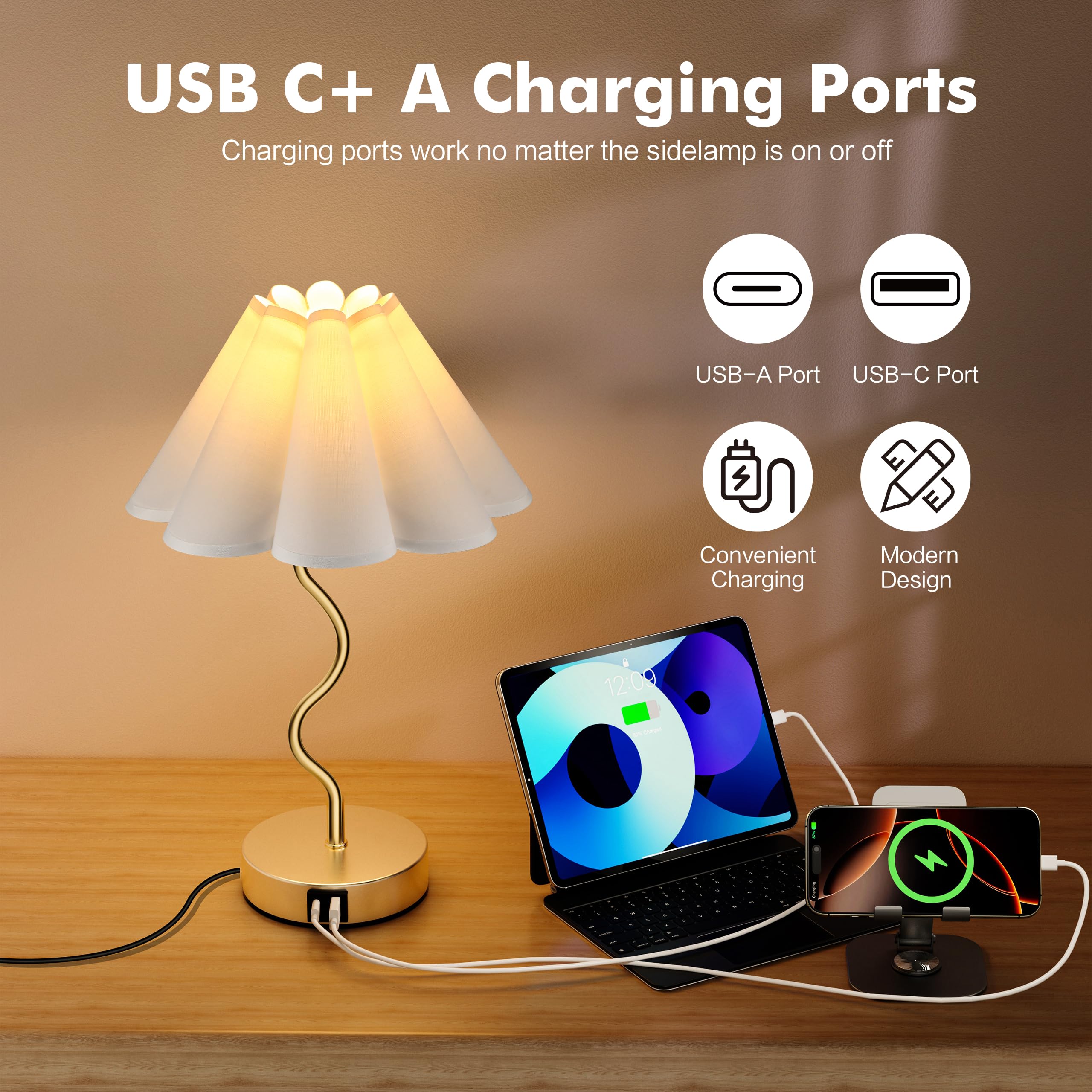 Dolymoly Small Table Lamp Pleated Table Lamp 3 Way Dimmable Touch Lamps For Night Stands With Usb C+A Ports Bedside Nightstand Lamp Morden Desk Lamp For Bedroom Home Kitchen Living Room Kids Room Nursery