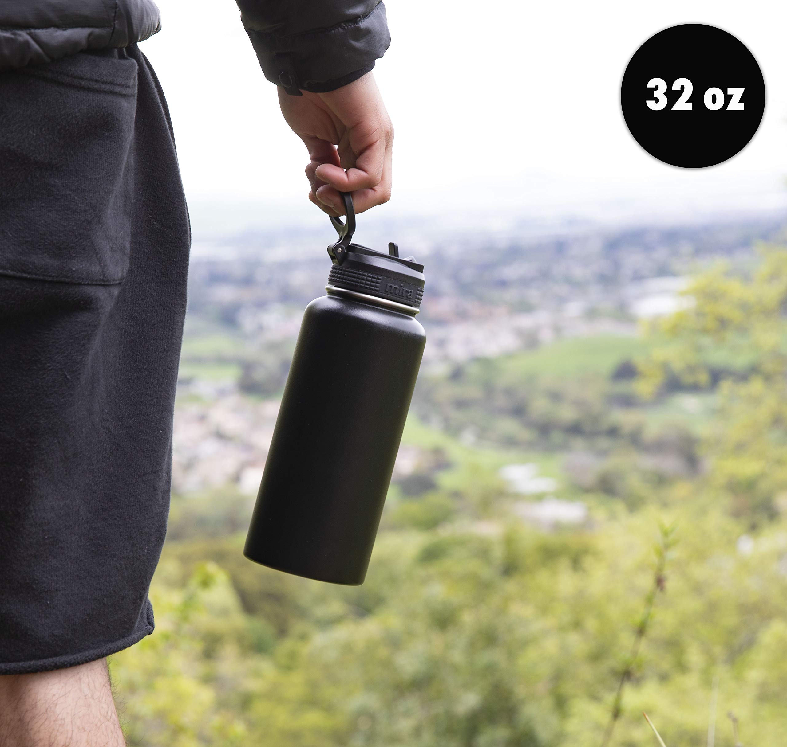 Mira 40 Oz Insulated Water Bottle - Stainless Steel Sports Flask With 2 Lids (Straw & Handle)
