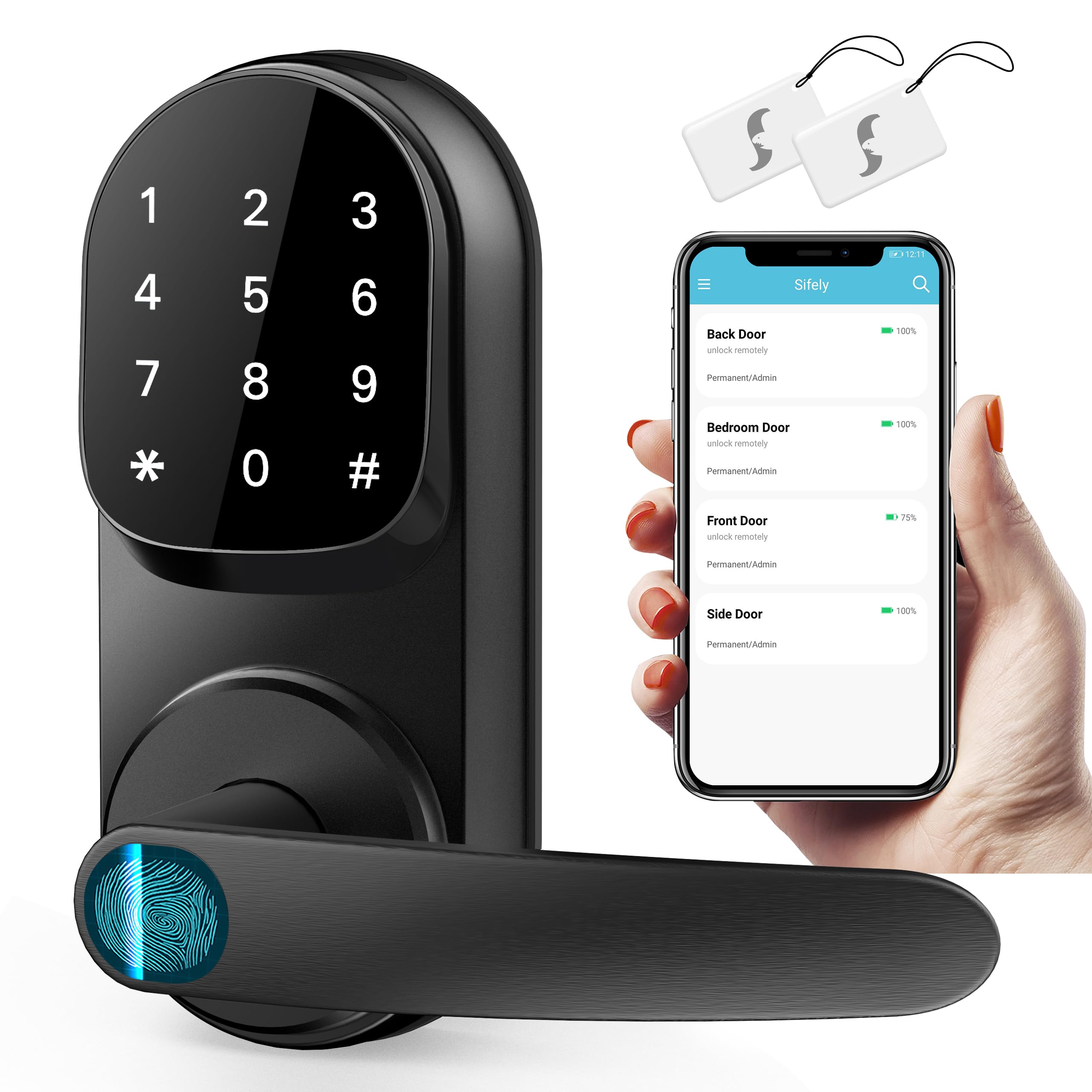Sifely Keyless Entry Smart Lock - Fingerprint & Keypad Access, Front Door Handle, Black