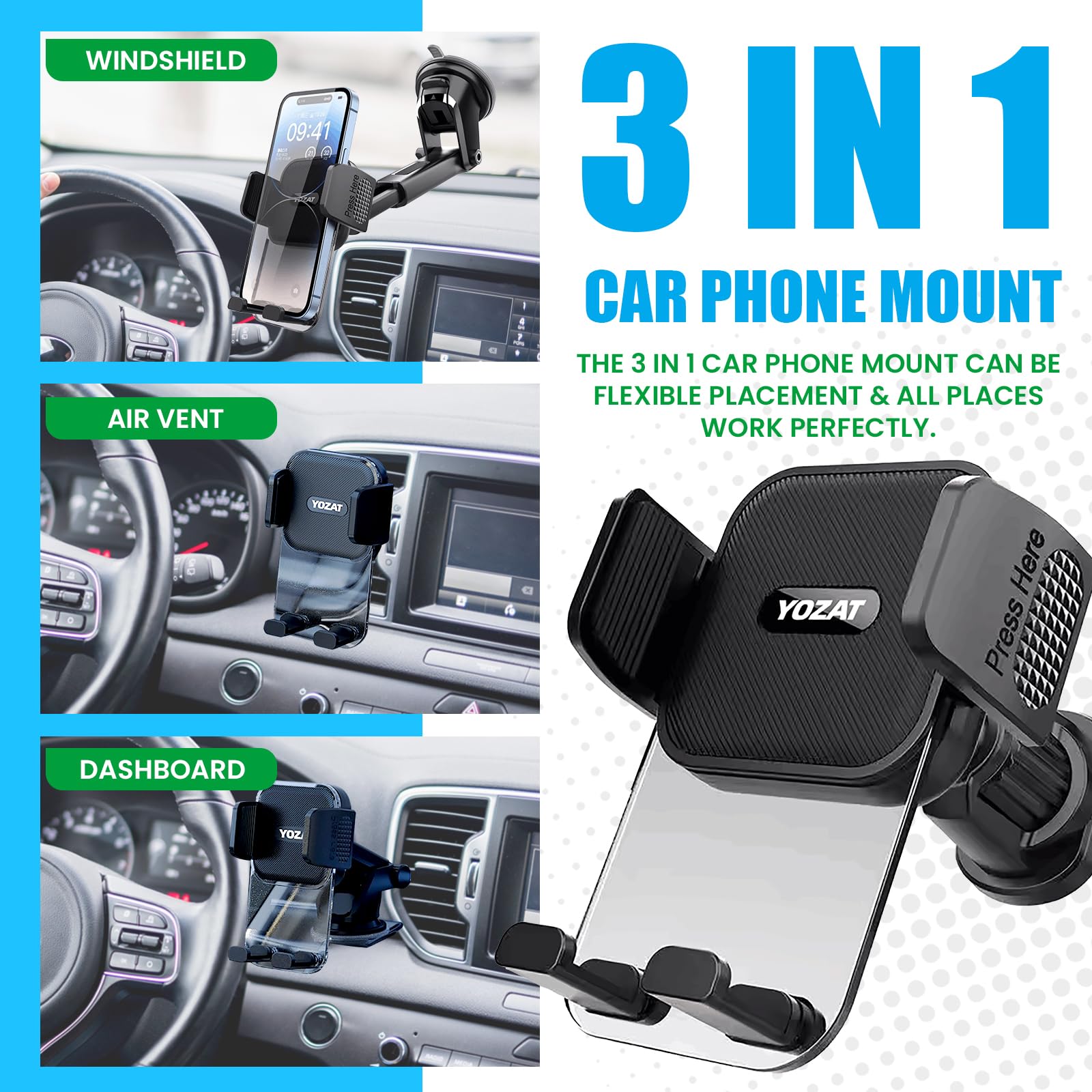Yozat Car Phone Holder For Dashboard, Windshield, Air Vent - Universal Mount, Heavy Duty, Compatible With All Smartphones