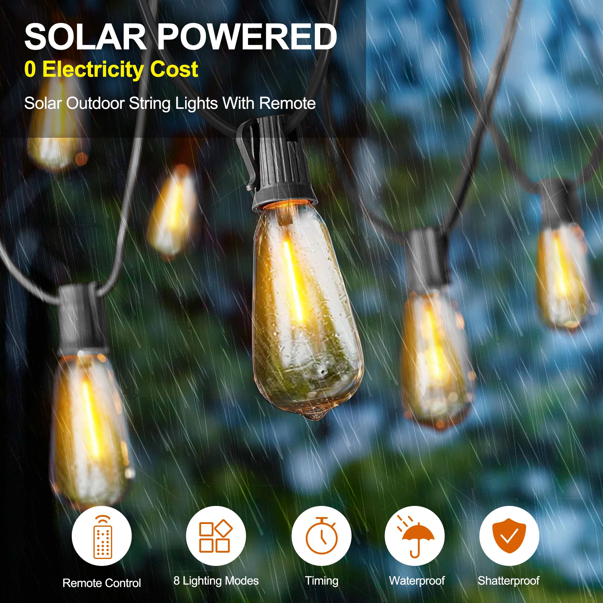 Stright Solar Powered String Light 240Ft With Remote Control 8 Light Modes, Weatherproof Shatterproof St38 Led Bulb, Total 60 Sockets, 1 To 4 Splitter Cord String Lights (End To End 60Ft, Total 240Ft)