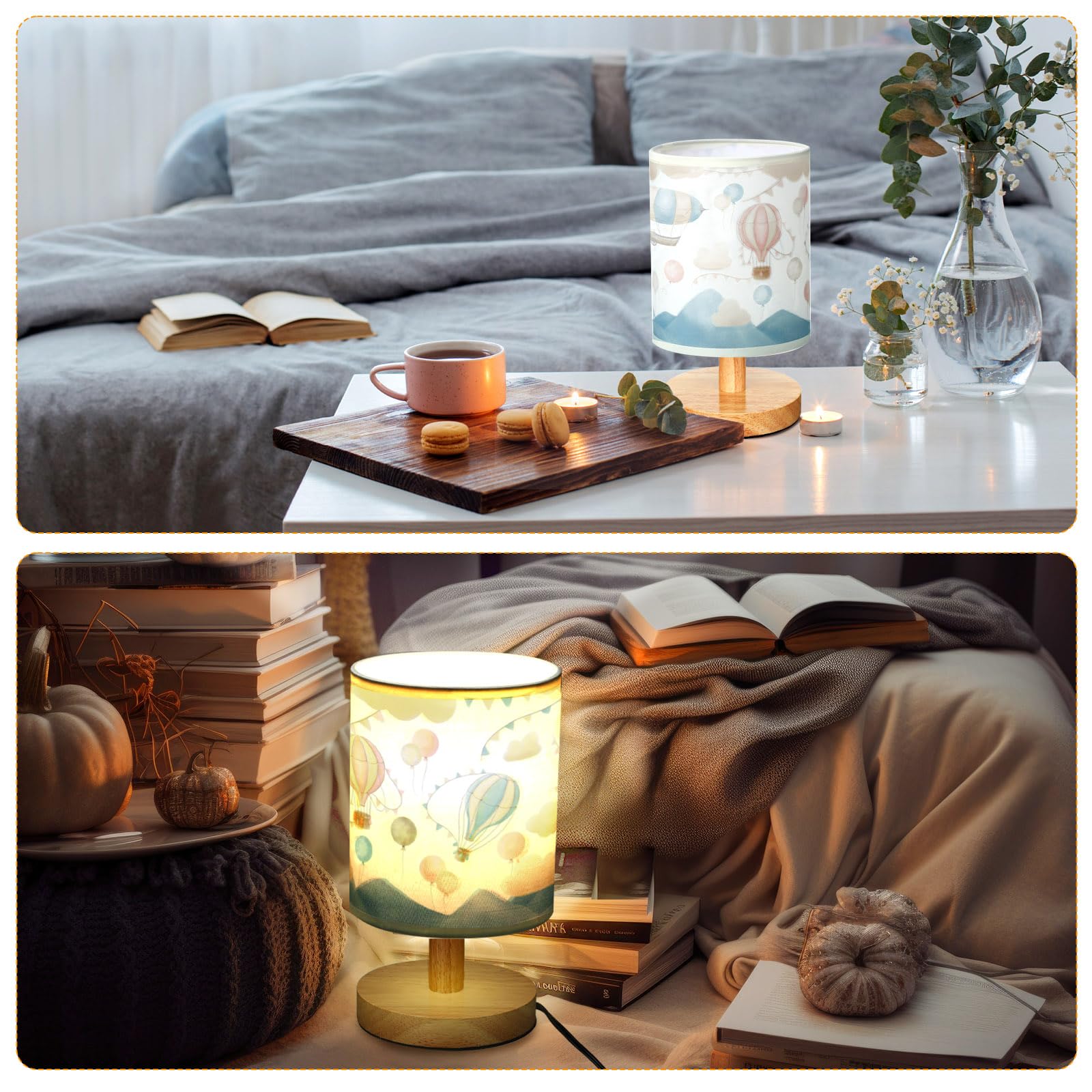 Vihose Hot Air Balloon Table Lamp For Bedroom Kids Bedside Lamp With Linen Wooden Nightstand Lamp Cartoon Nursery Lamp Lampshade For Girls Boys Living Room