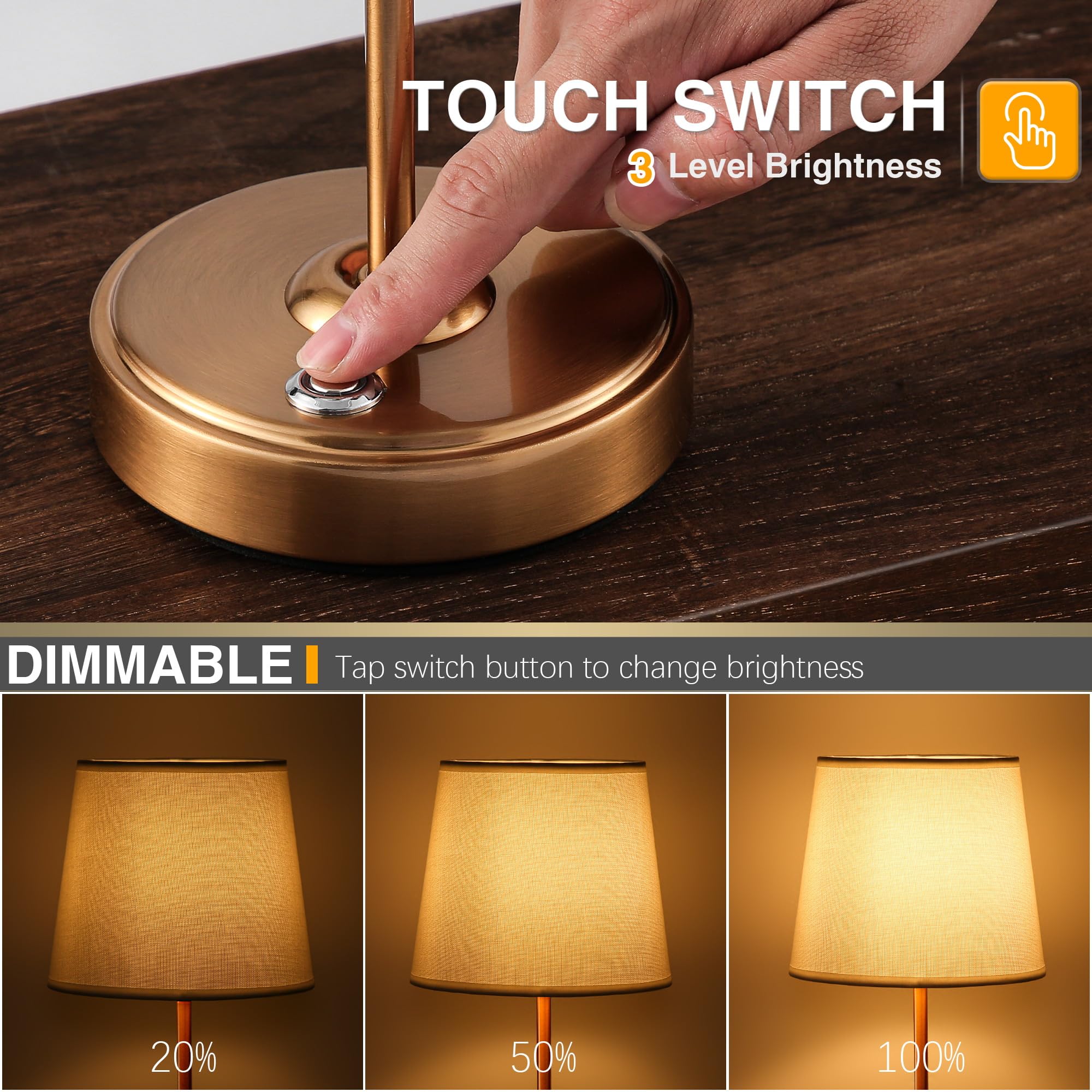 Anxingtools Rechargeable Led Cordless Table Lamp, 5200Mah Battery Operated, 3 Level Brightness, Portable Night Bedside Lamp, Ambient Desk Light For Home Decor, Patio, Restaurant, Dinning(Antique Brass)