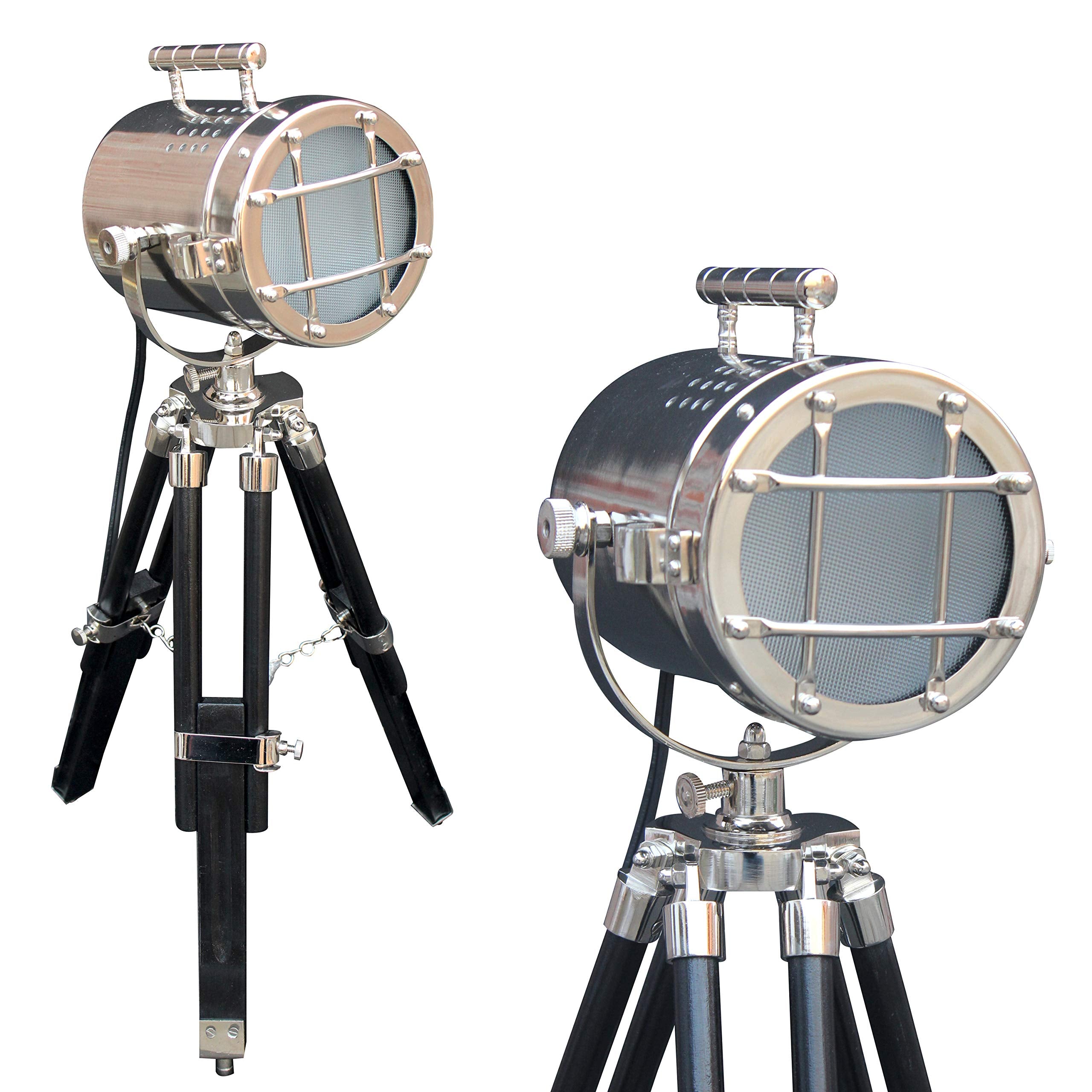 Collectiblesbuy Marine Antique Tripod Table Lamp – Vintage Nickel Finish Searchlight With Wooden Base, Led Spotlight Desk Lamp For Home Office Decor