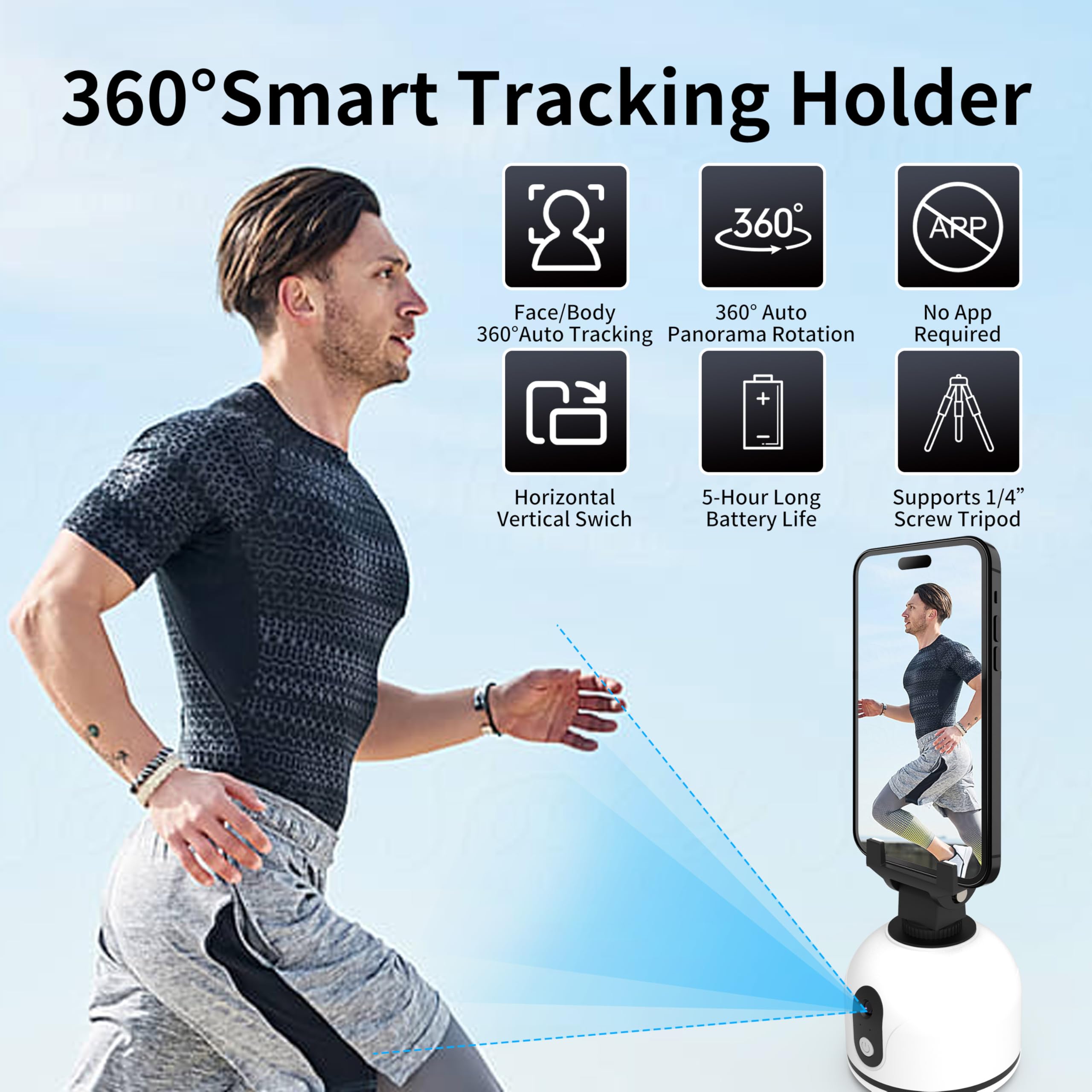 Urnicehome 360° Rotating Auto Face Tracking Phone Holder,No App,Smart Body Tracking Gimbal Stand Selfie Phone Camera Mount Cell Phone Tripod For Tiktok, Vlog, Live Streaming, Video Recording-White