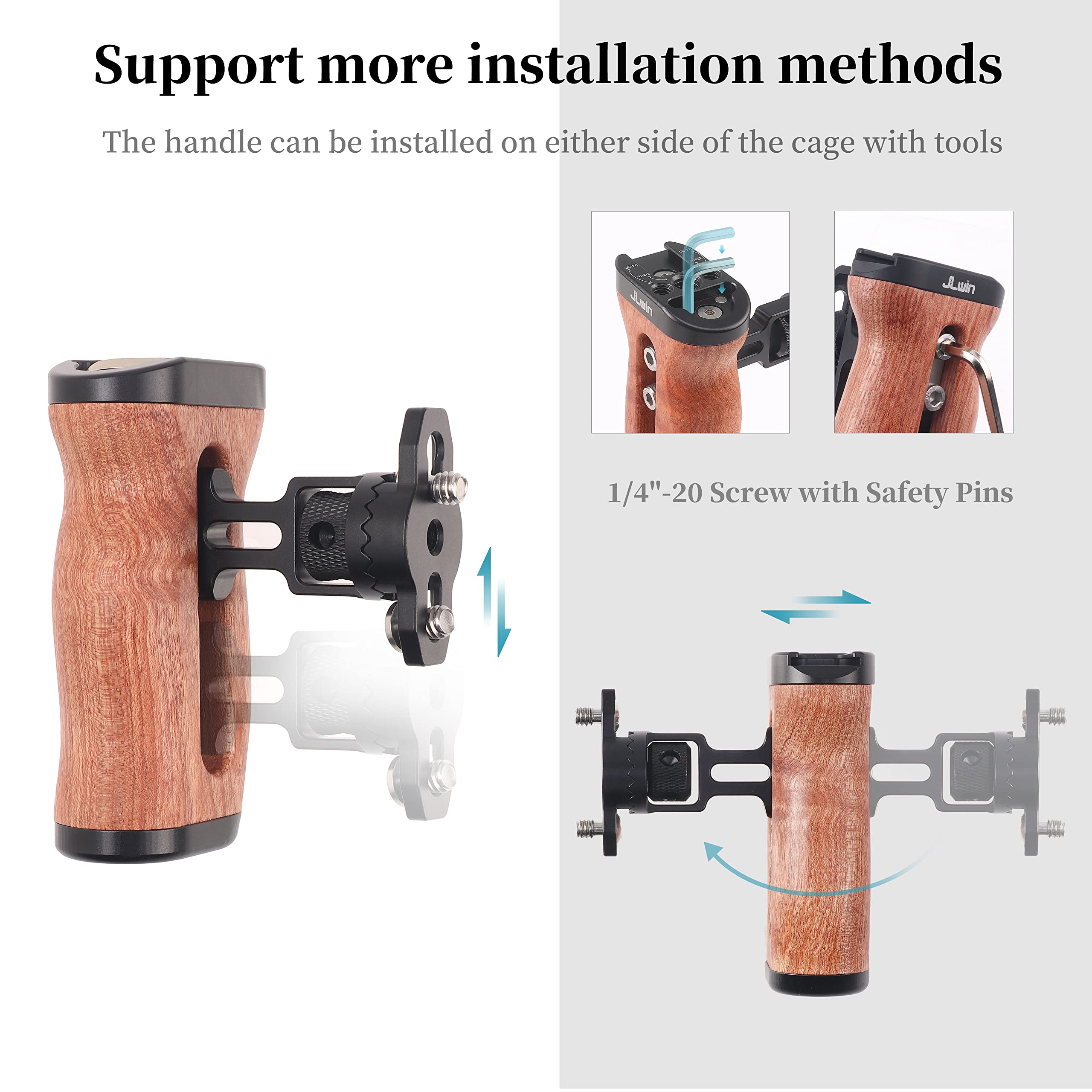 Fotga Wooden Side Handle Grip Stabilizer With Dual 1/4"-20 Screws Mount Cold Shoe For Dslr Mirrorless Video Camera Cage Microphone Built-In Allen Wrench,Up/Down Position Adjustable