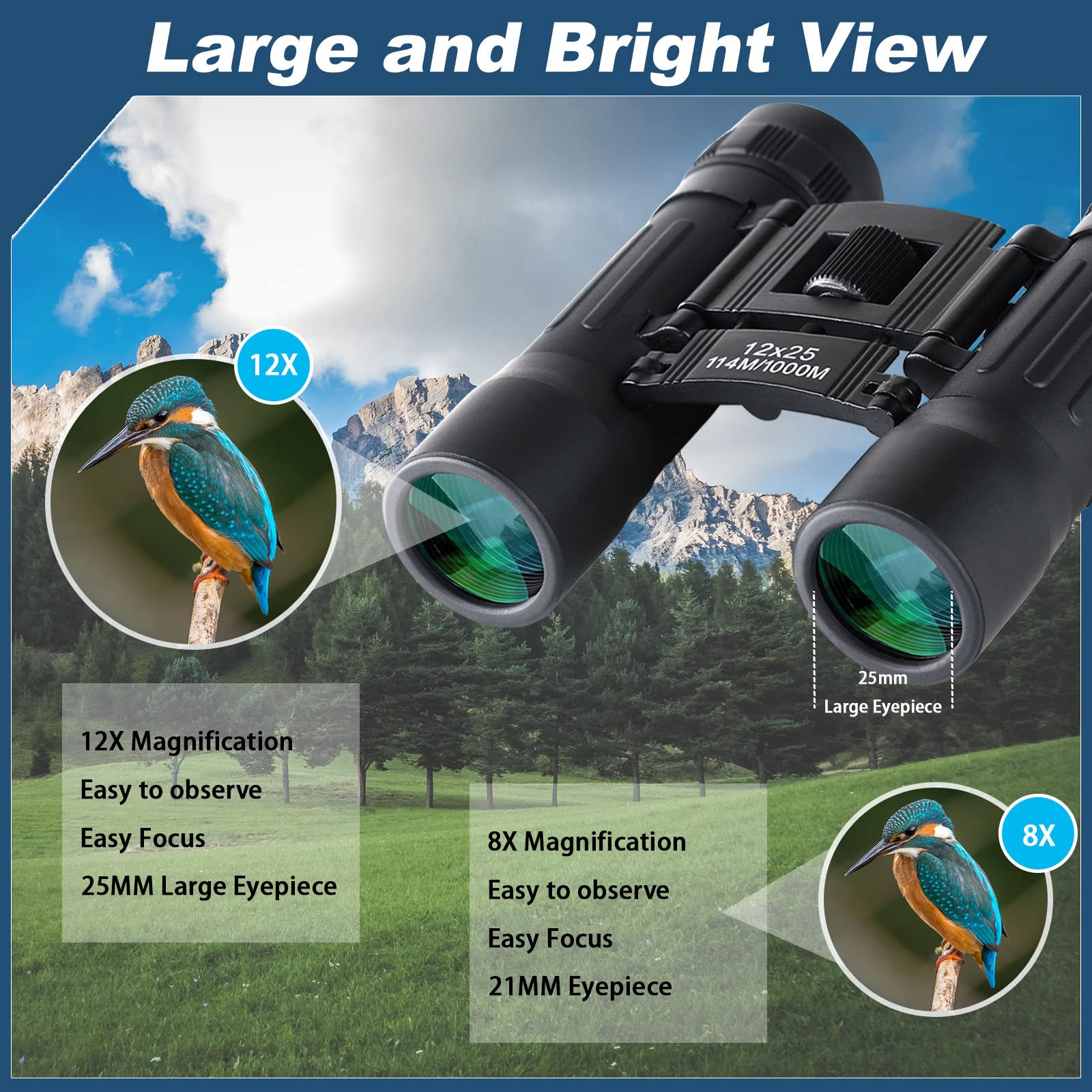 Anourney 12X25 Compact Binoculars, High Powered Easy Focus Binoculars, Portable Large Eyepiece Binocular For Adults Kids Bird Watching,Opera Concert, Travel, Hiking, Outdoor Scenery, Football Game