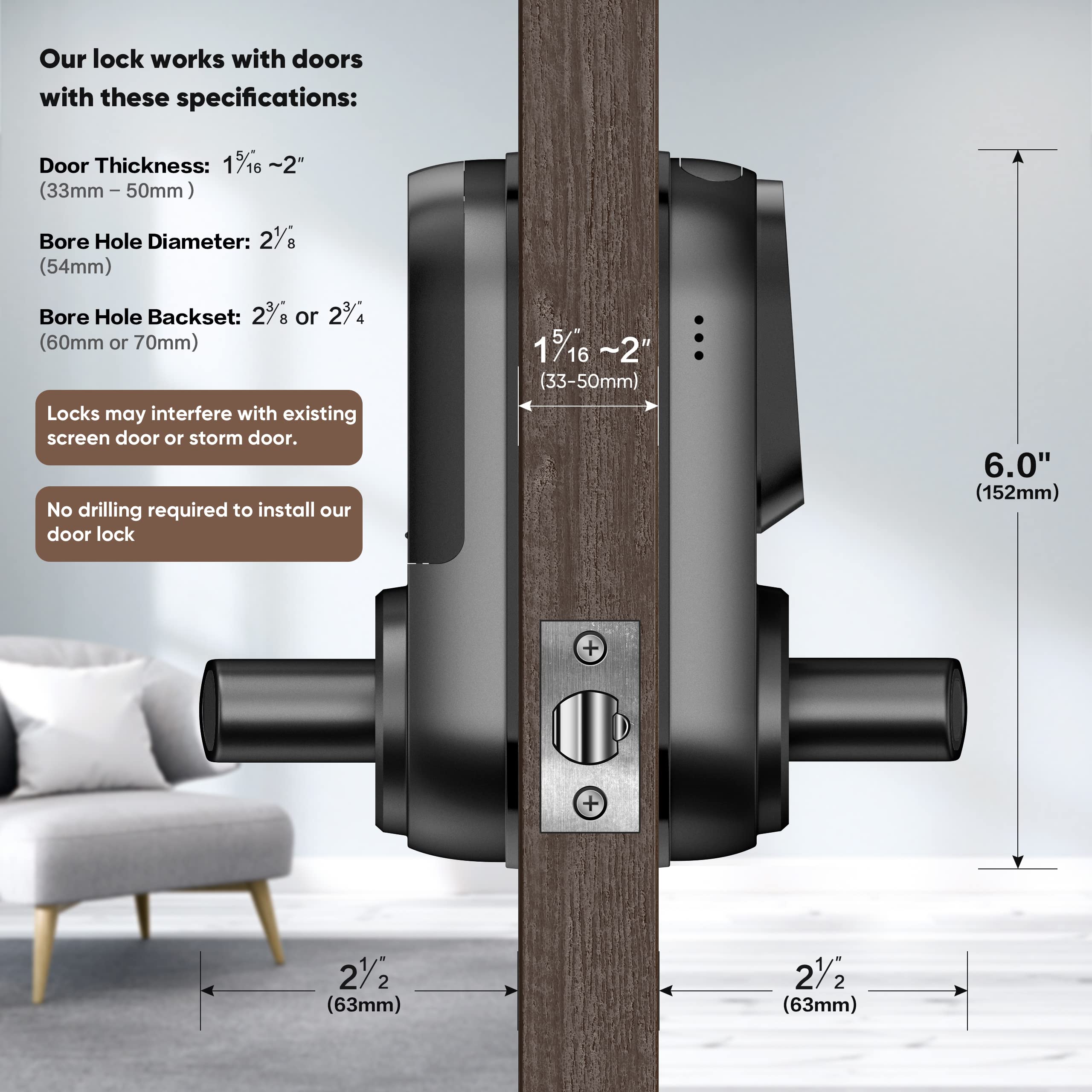 Sifely Keyless Entry Smart Lock - Fingerprint & Keypad Access, Front Door Handle, Black