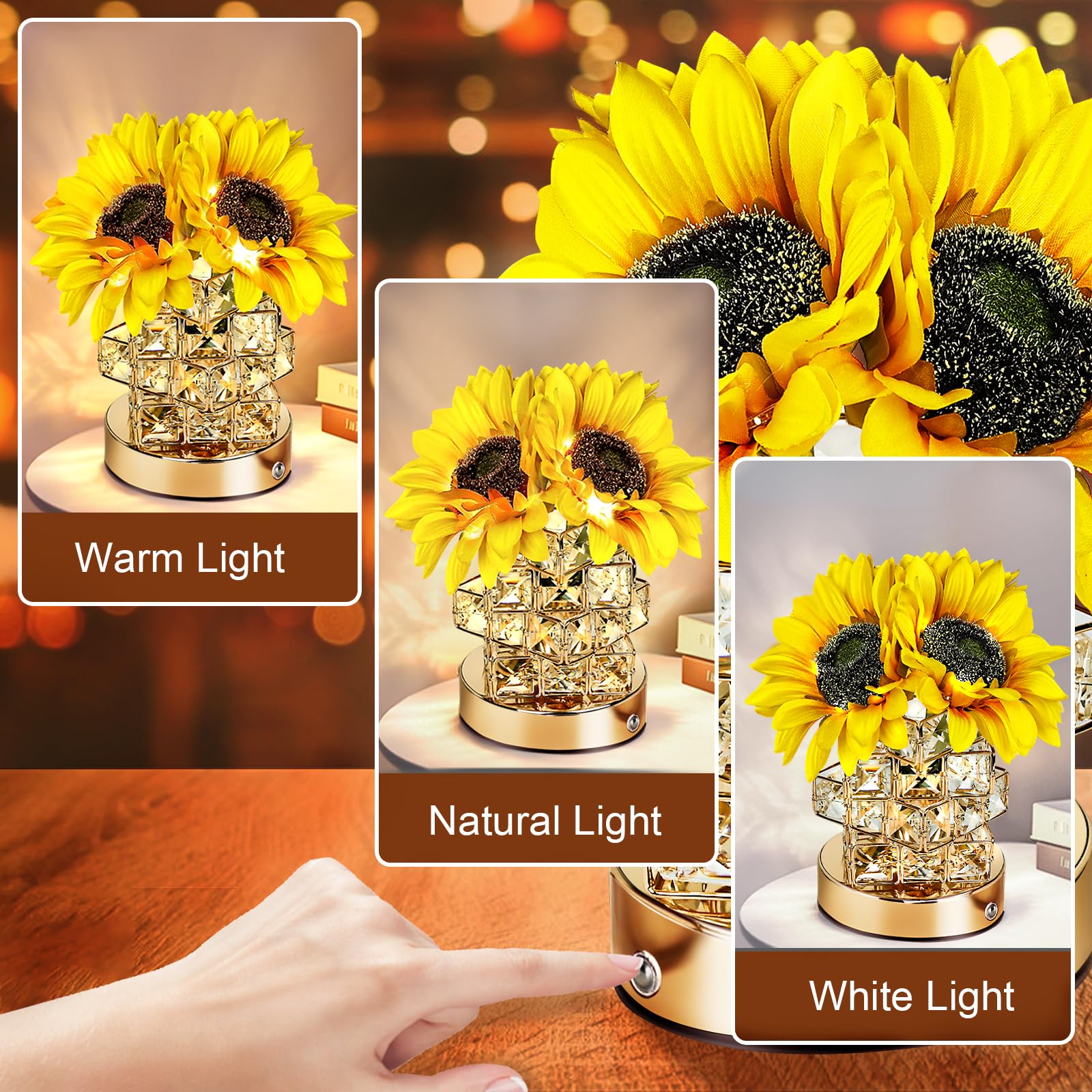 Sldhfe Sunflower Lamp, 3 Colour Rechargeable Cordless Touch Nightstand Table Led Flower Lamp, Led Lighted Flower, Small Night Light For Festival, Restaurant, Bedroom And Living Room