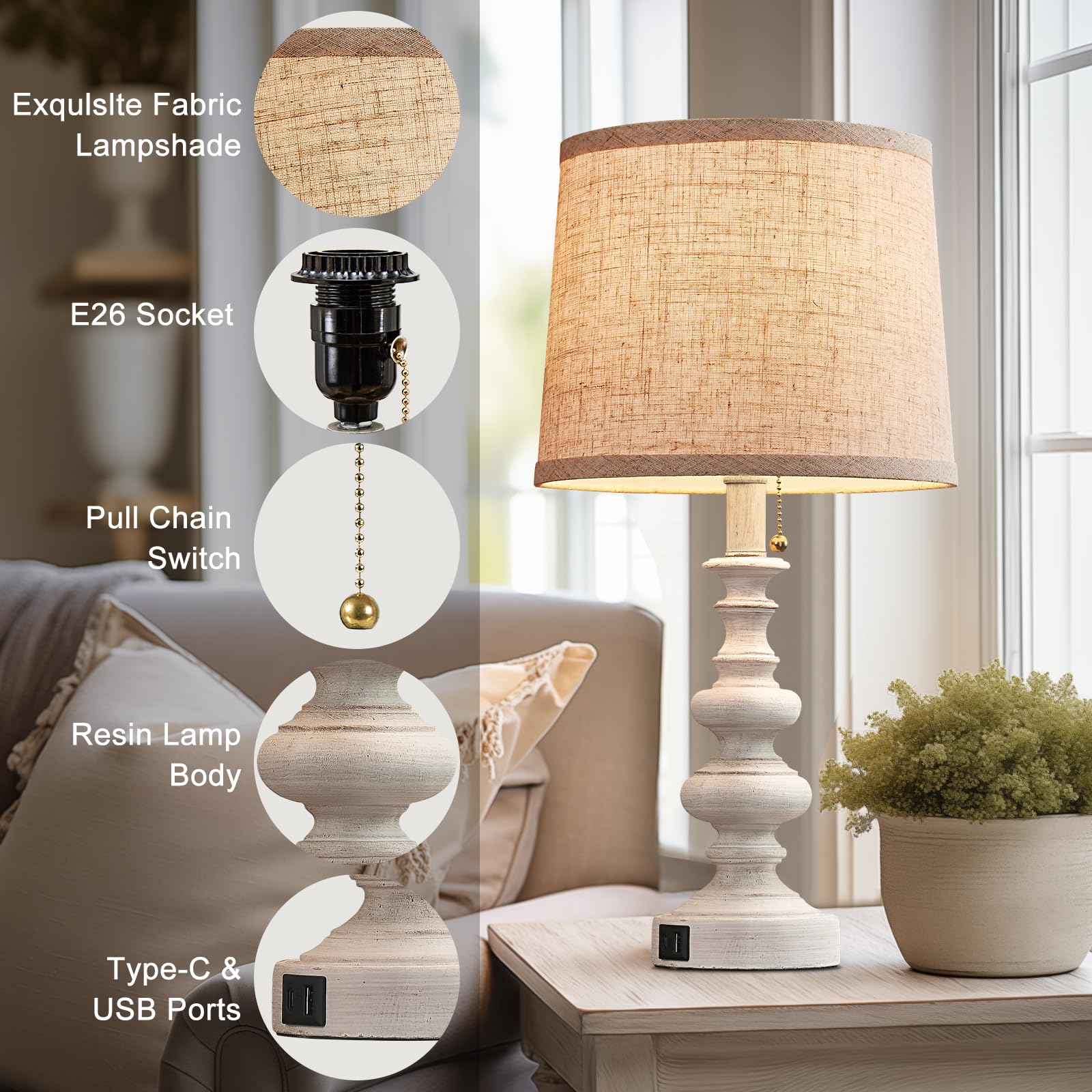 Bowobo 21'' Farmhouse Table Lamps For Bedroom Set Of 2 Rustic Bedside Lamps For Nightstand With Usb A+C Ports White Side Table Lamps For Living Room End Table Office Pull Chain
