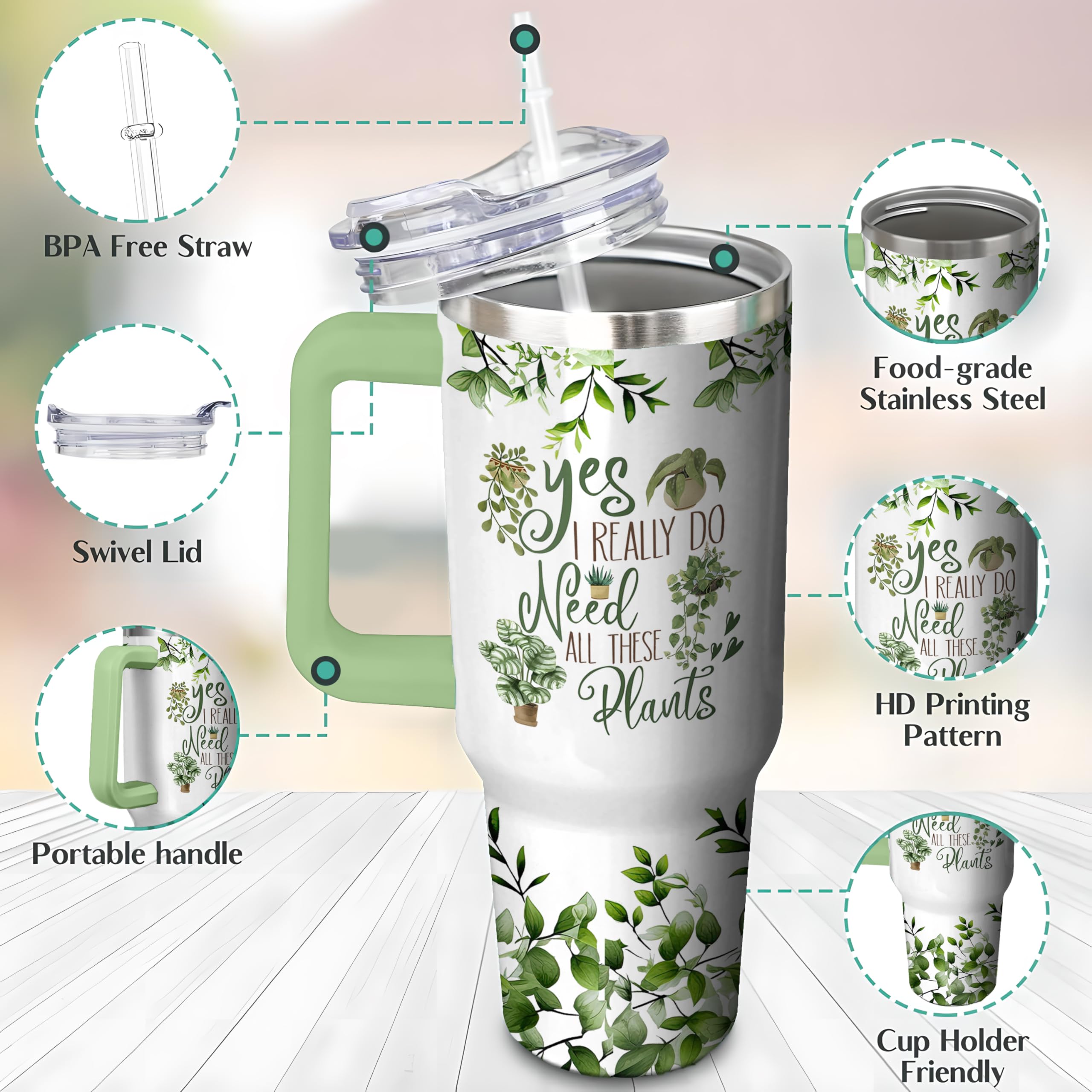 40 Oz Plant Tumbler With Handle And Straw, Double Wall Coffee Travel Mug Leak Proof, Stainless