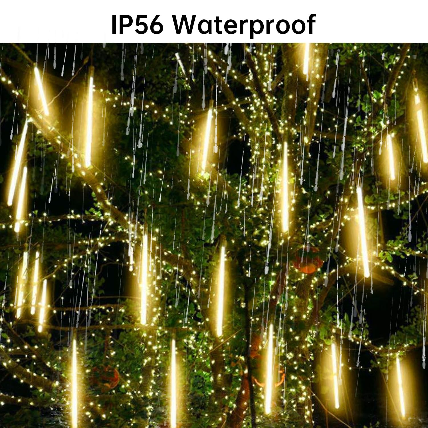 Aluan Christmas Lights Outdoor Meteor Shower Rain Lights, 20 Tubes 720 Leds 16 Inch Waterproof Plug In Falling Rain String Lights For Halloween Xmas Holiday Party Home Patio Decoration, Warm White