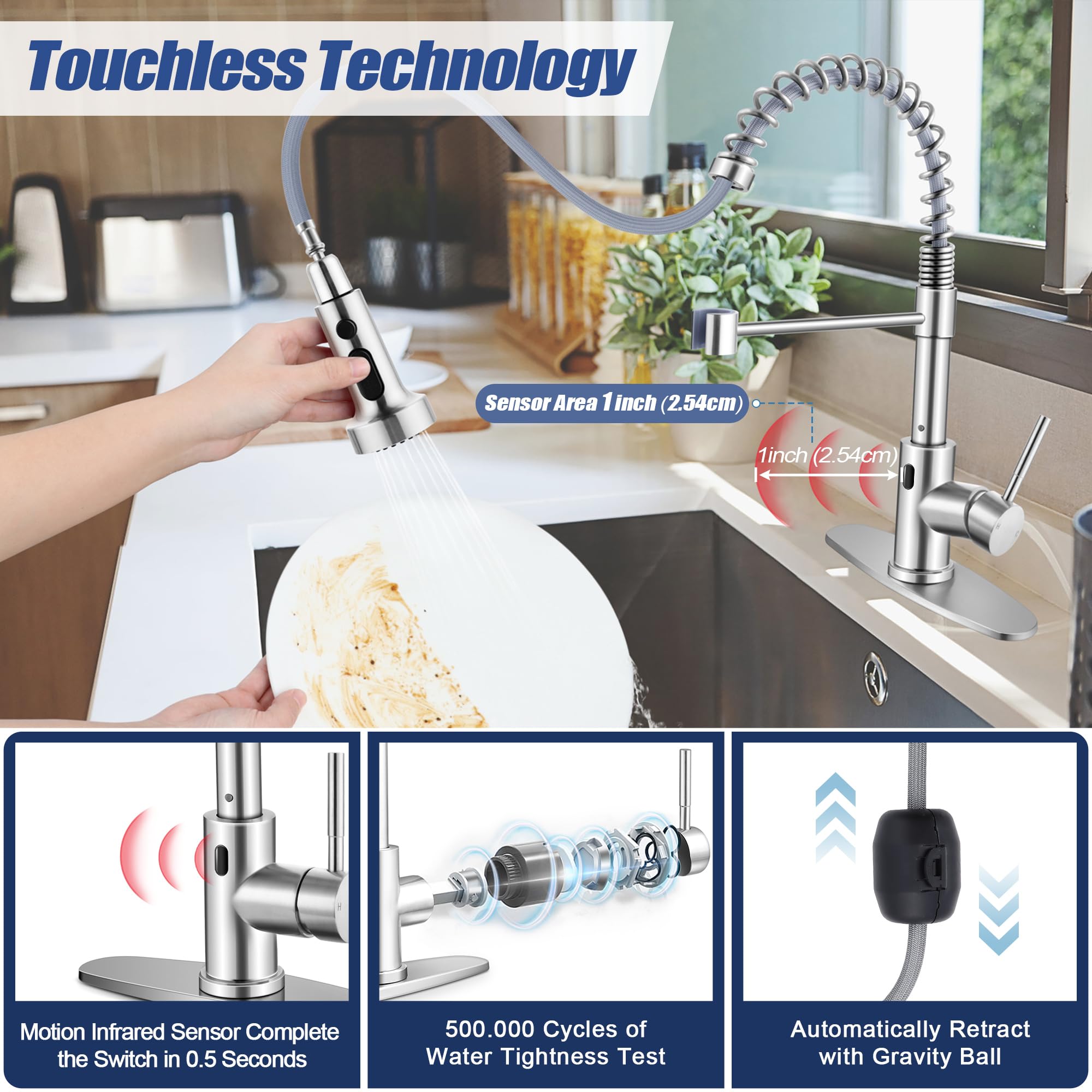 Homikit Touchless Kitchen Faucet With Soap Dispenser, Brushed Nickel Stainless Steel Smart Automatic Motion Sensor Spring Kitchen Sink Faucets With Pull Down Sprayer For Vanity Laundry Rv