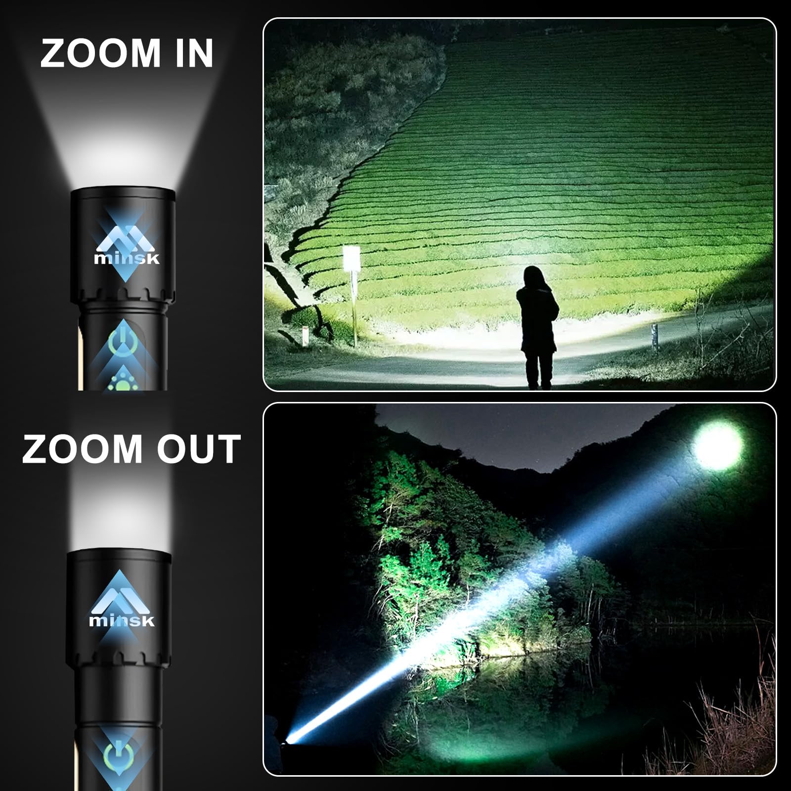 Minsk Flashlights High Lumens, Rechargeable Flashlights With Cob Sidelight, 2000 Lumen Super Bright Led Flashlight, Ipx5 Waterproof Flash Light With Hook, Perfect For Outdoors, Camping, Hiking & Emergency