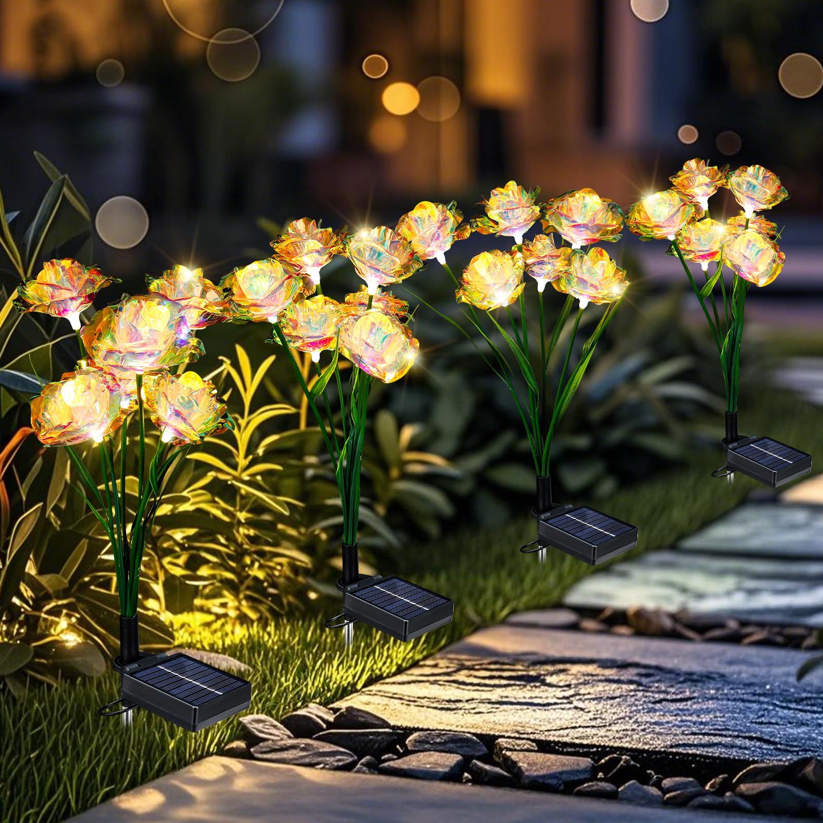 Veeool Solar Garden Lights Outdoor, 4 Pack 24-Head Artificial Flowers Solar Lights, Ip65 Waterproof Garden Decoration For Yard Patio Path Cemetery Grave,  For Mom Women Bithday Mother'S Day-Auto On/Off