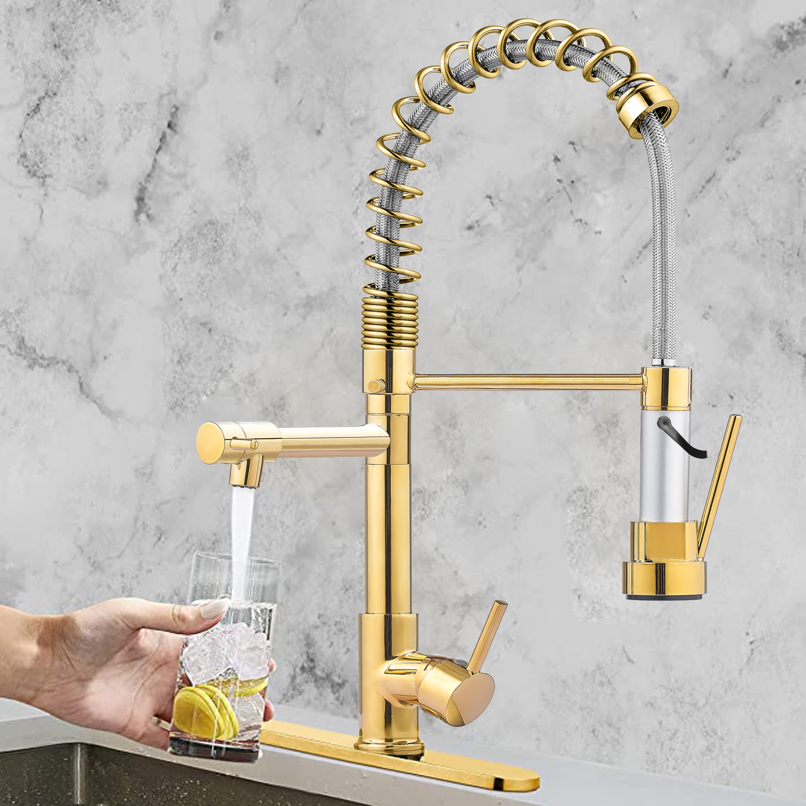 Serimer Gold Kitchen Faucet，Kitchen Faucet With Pull Down Sprayer, Commercial Spring Kitchen Faucet，Single Handle High Arc Kitchen Faucet Deck Plate For Camper Farmhouse Rv Bar