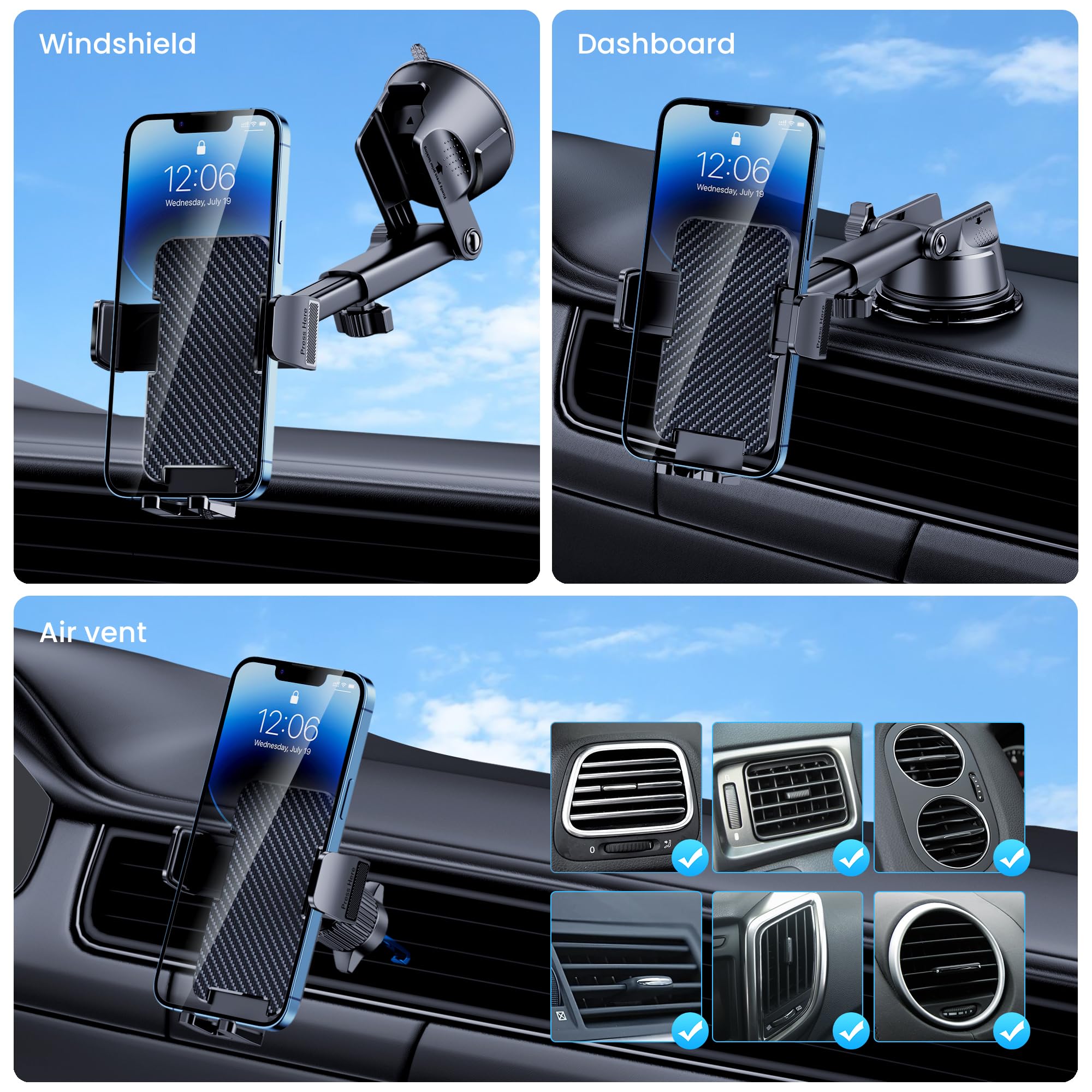 Guwez Phone Holder Car [Military Grade Suction Ultra Strong Base] Cell Phone Car Holder 3 In 1 Dashboard Windshield Air Vent Hands- For Iphone Android Phones