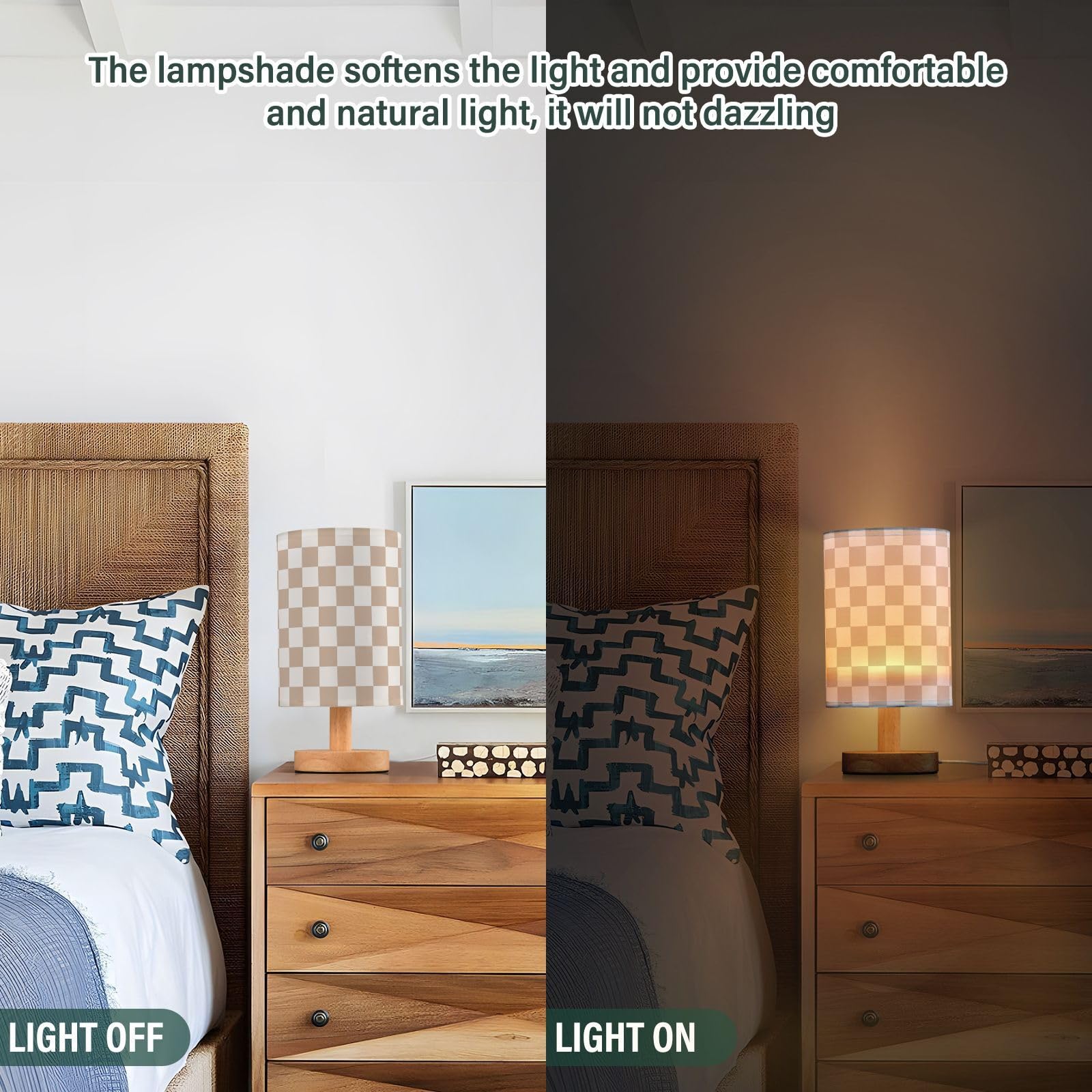 Wevibofu Table Lamp Brown White Checkered Nightstand Lamp With Wood Base Led Bedside Shade Desk Lamp For Bedroom Living Room Dorm Office Decor