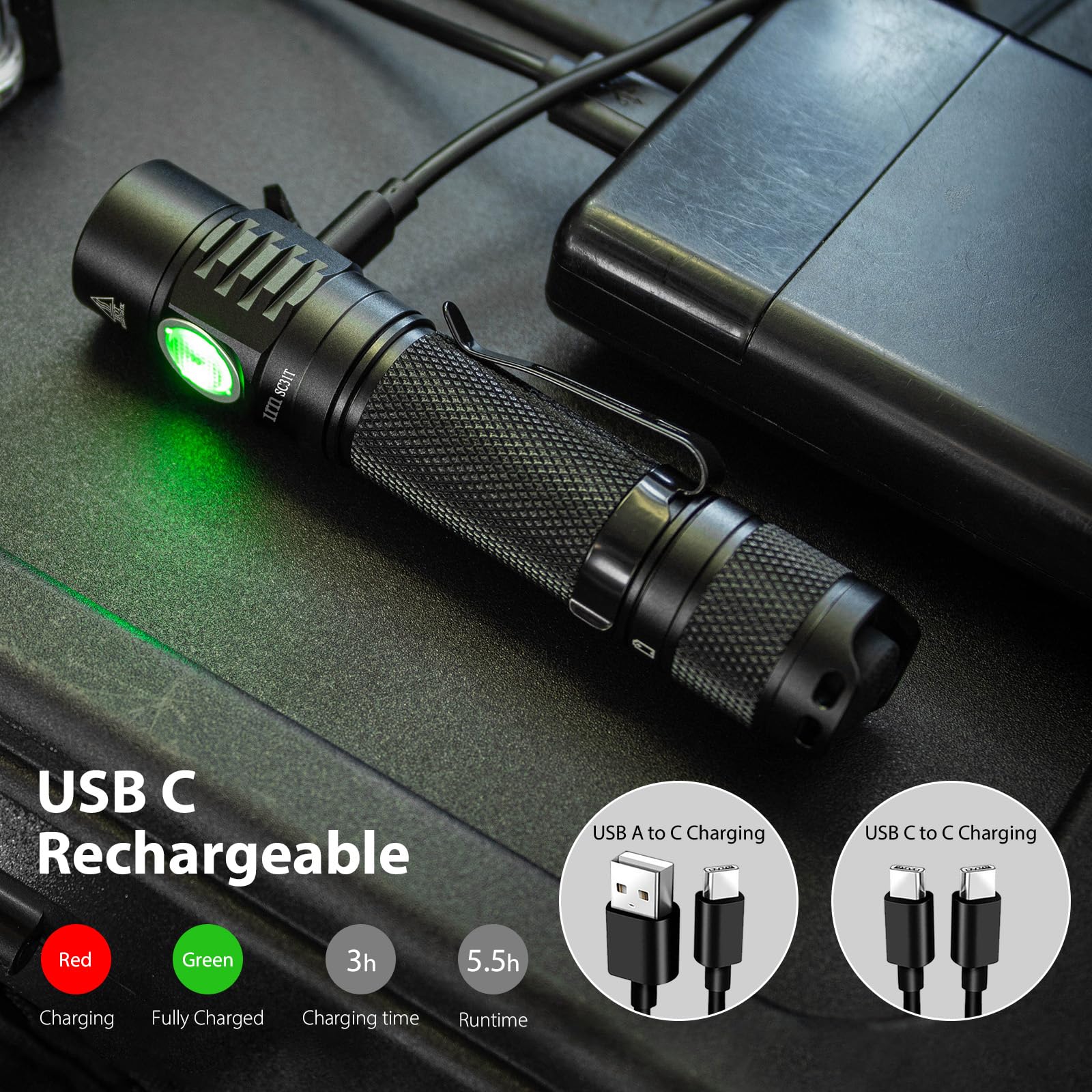 Csteboke Sofirn Sc31T Utility Flashlight Rechargeable, Super Bright Edc Flashlight 2000 High Lumens, Dual Switch, For Camping Hiking Dog Walking